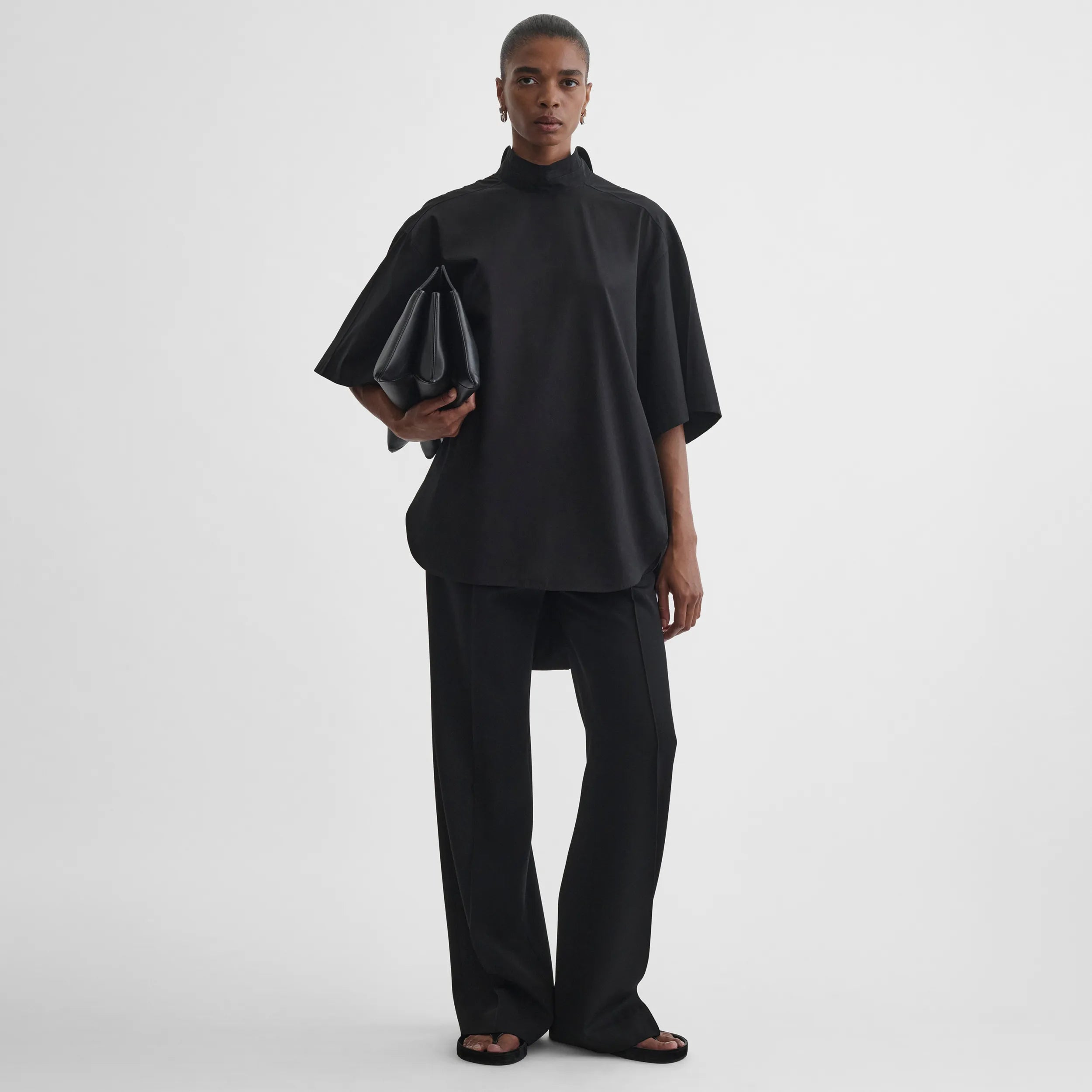 PHOEBE PHILO | TIE NECK SHORT SLEEVE SHIRT | BLACK COTTON