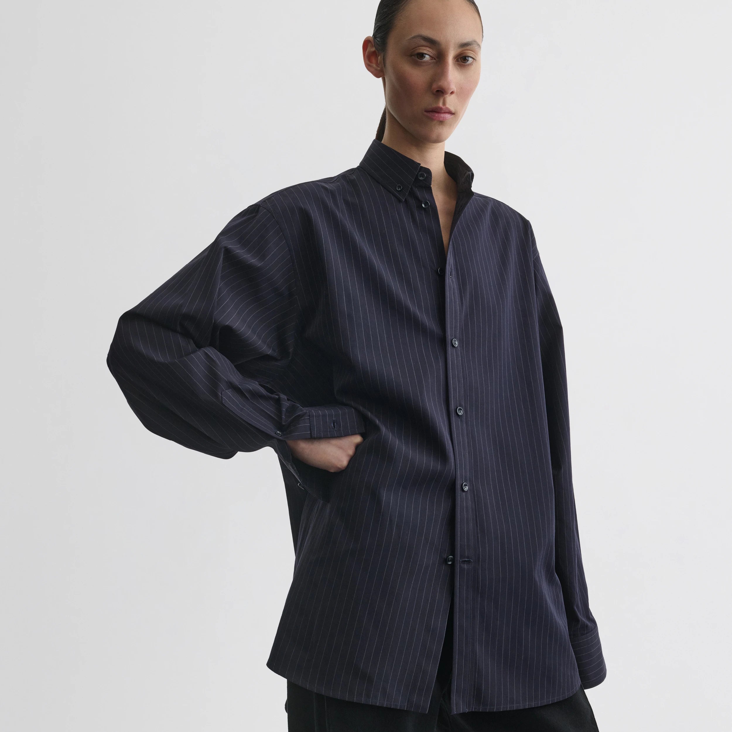 PHOEBE PHILO | BUTTON COLLAR SHIRT | MIDNIGHT PINSTRIPE COTTON