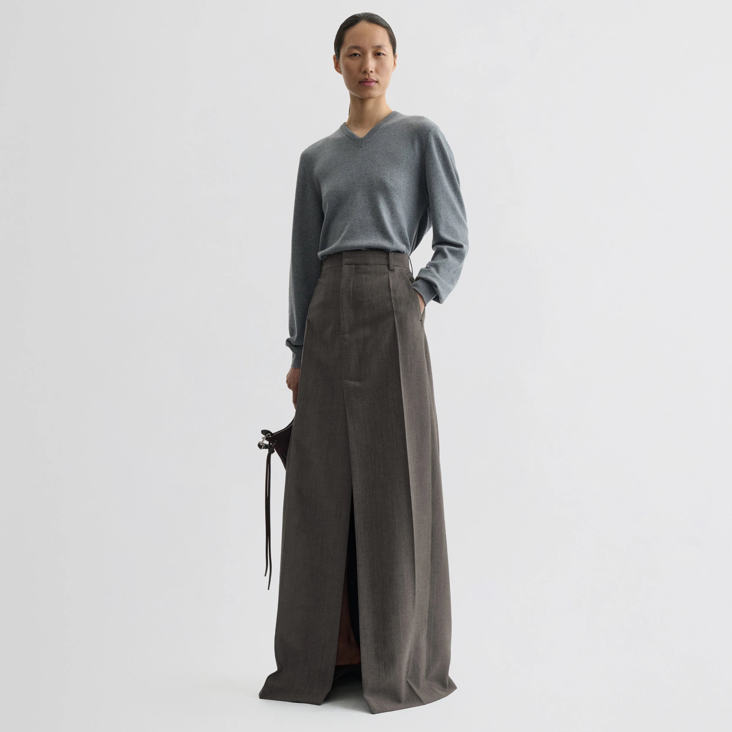 【新品、】ted stole/hyeon PHOEBE PHILO | DOUBLE SLIT TAILORED SKIRT | DARK TAUPE WOOL