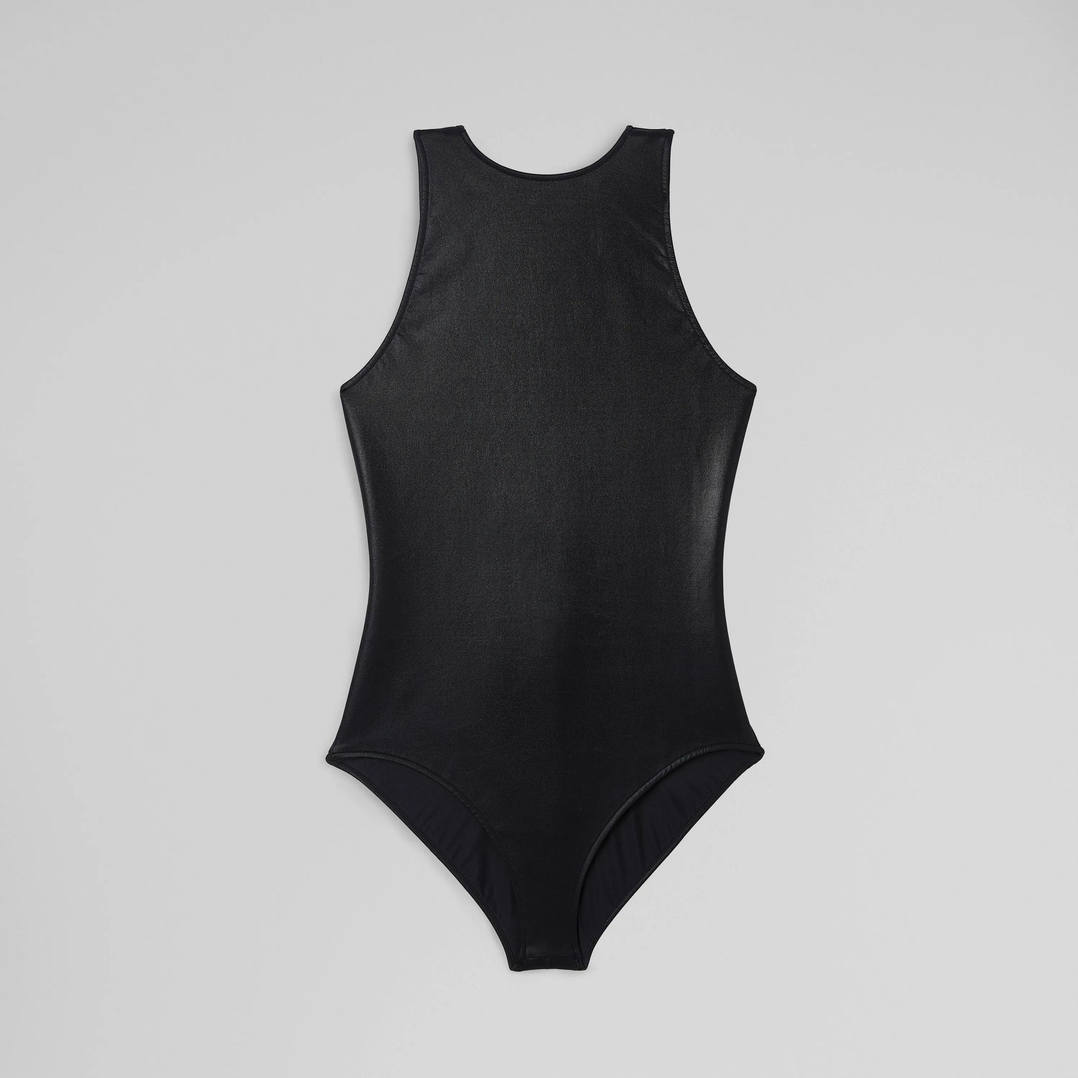 Flat front view of swimsuit with back zip in black polyamide 