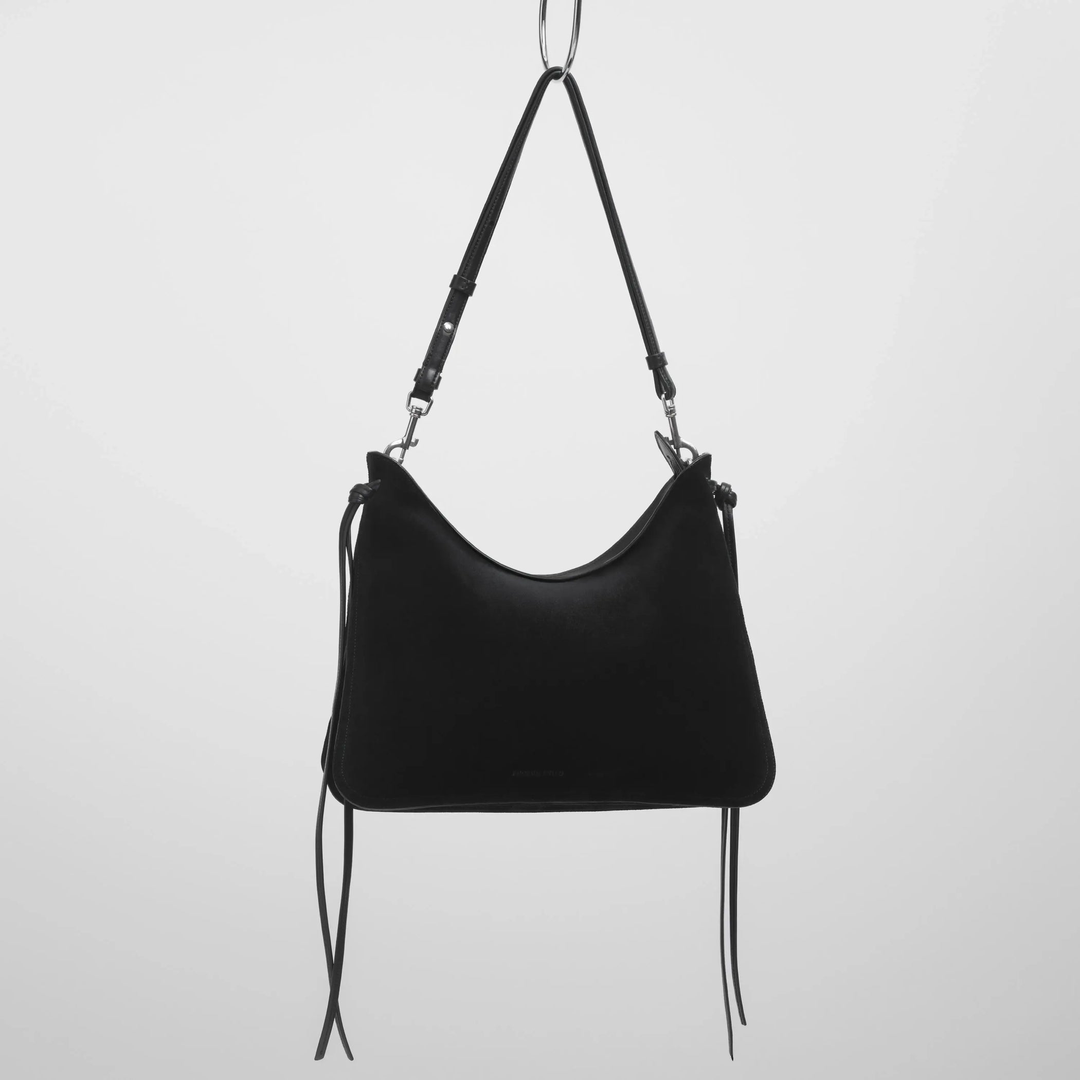 Front view of gig shoulder bag in suede black 