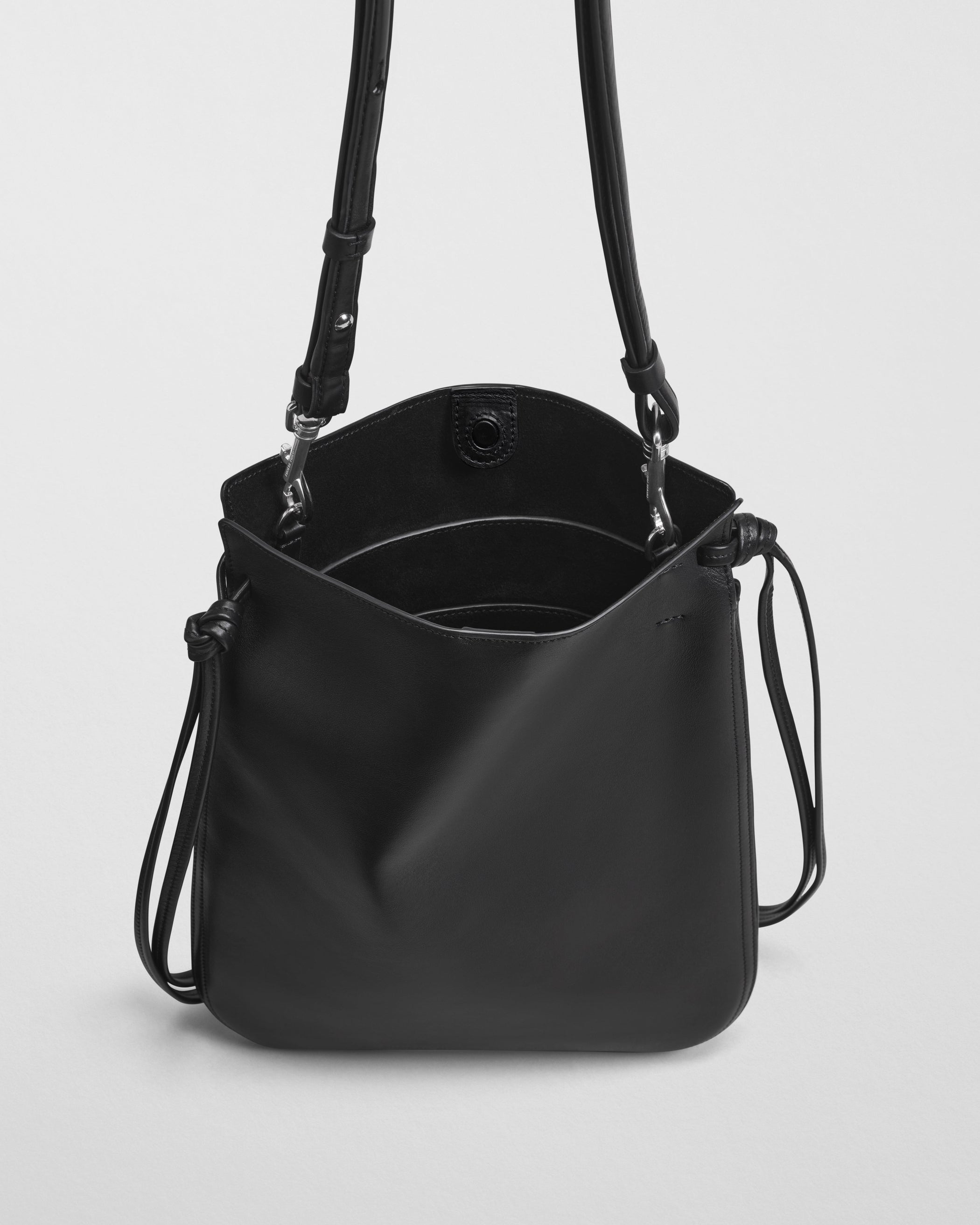 Close up detail view of GIG POUCH in black leather