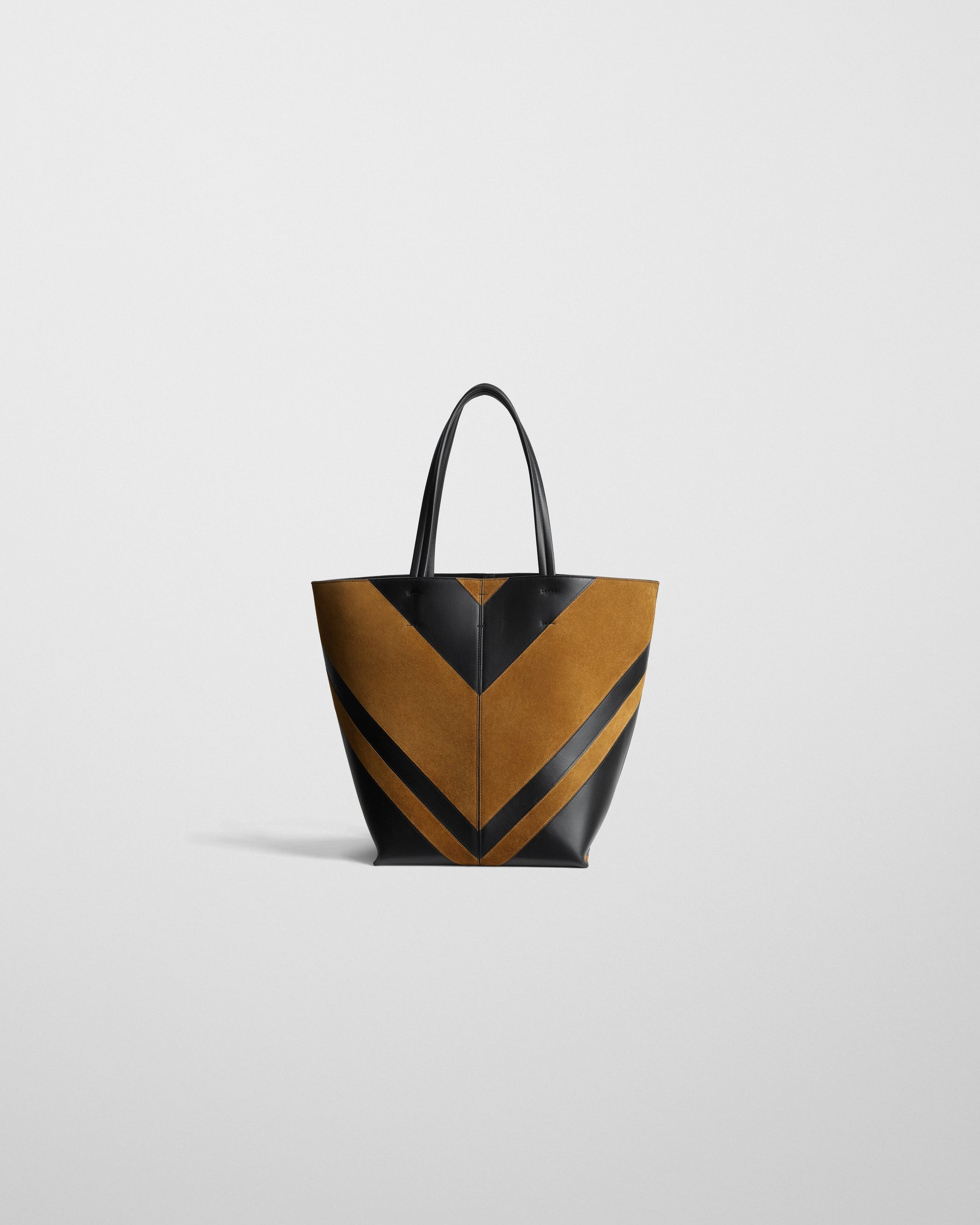 Back view of POT CABAS BAG in black leather and toffee suede
