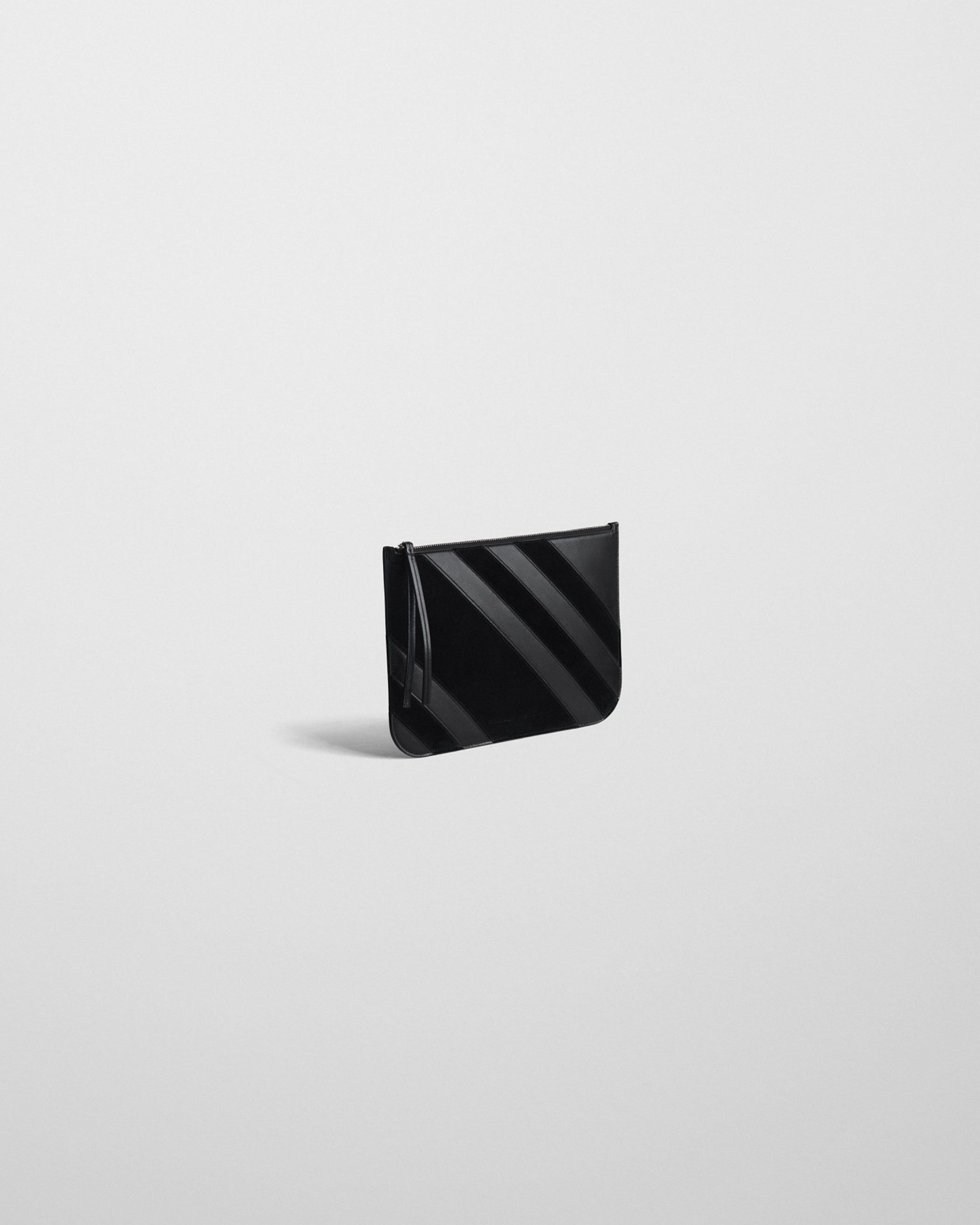 View of pocket pouch in black leather.