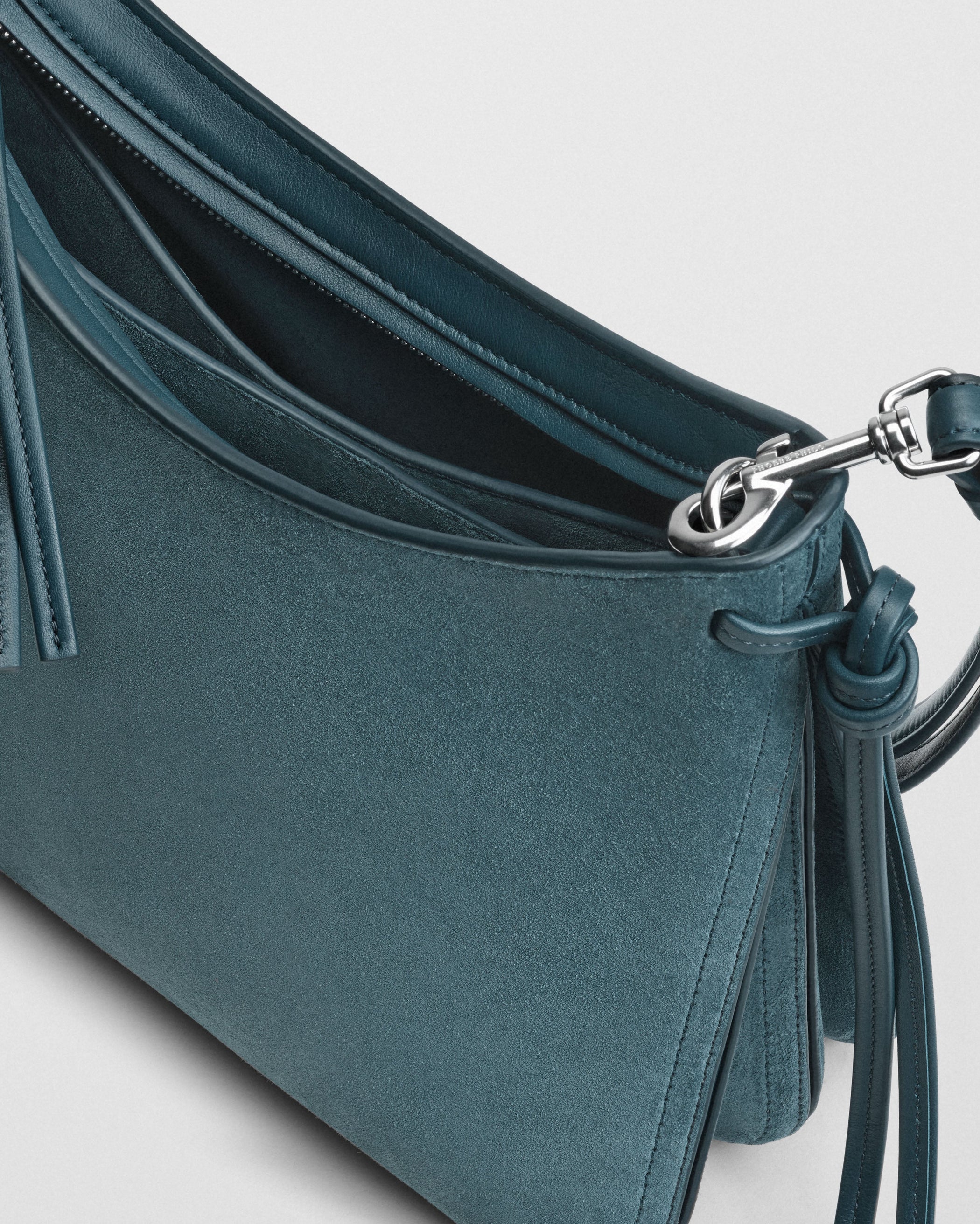 Detail view of SMALL GIG BAG in denim blue suede