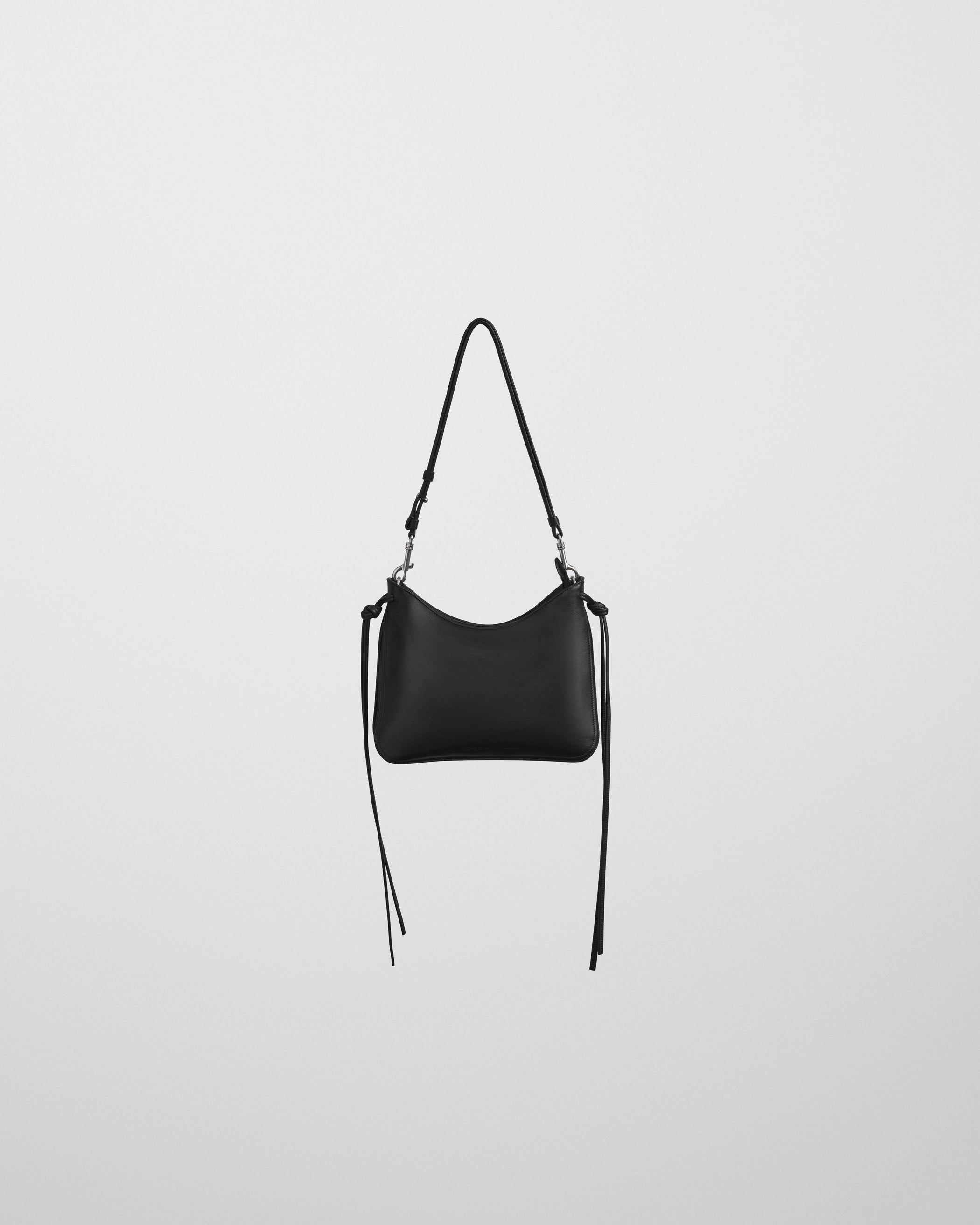 Flat front view of SMALL GIG BAG in black leather
