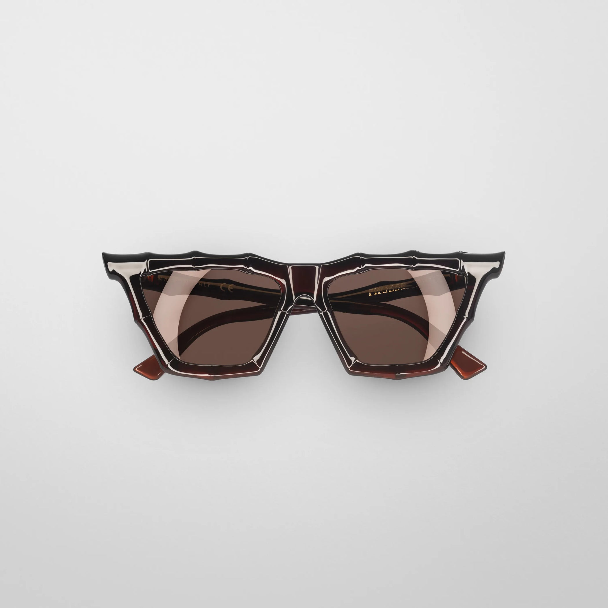 Flat front view of bamboo sunglasses in dark brown rilsan
