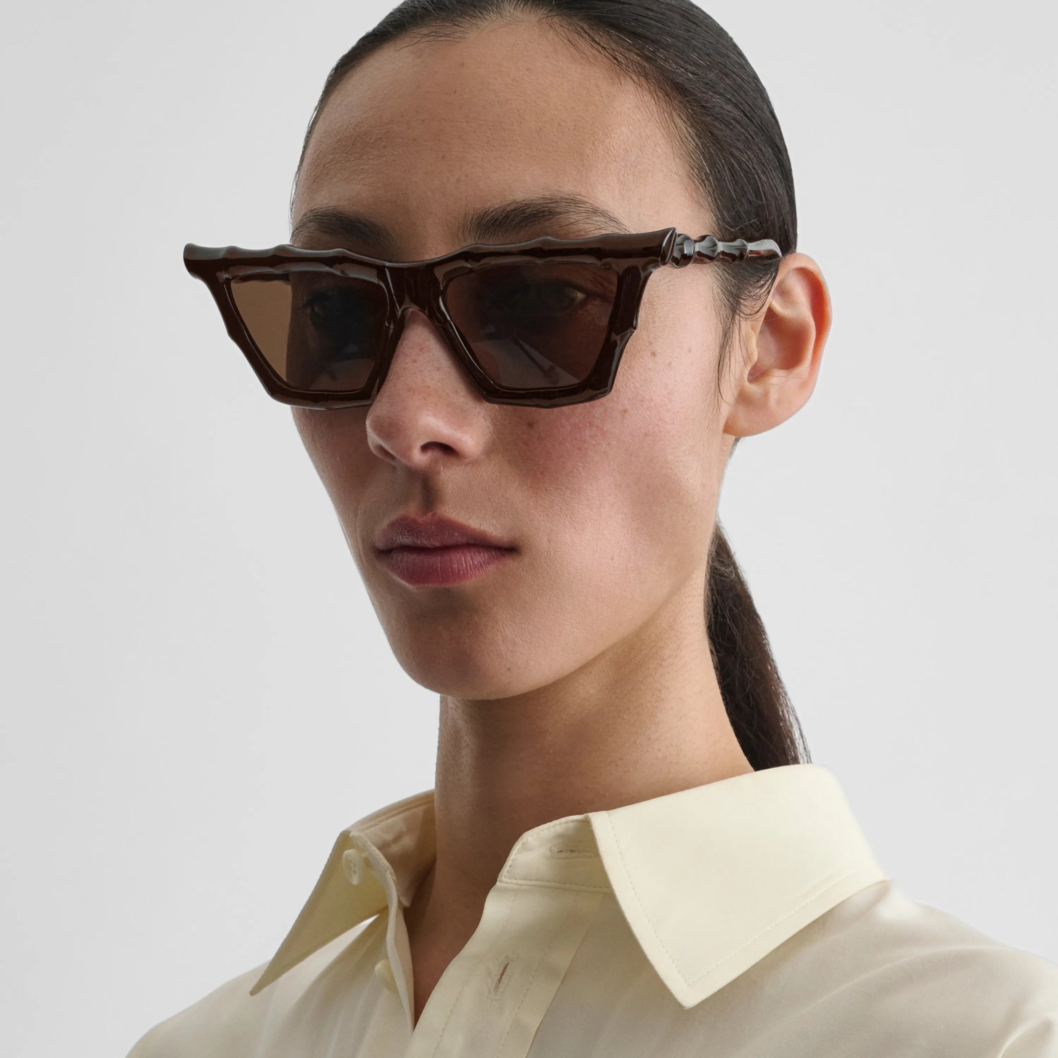 Front view of bamboo sunglasses in dark brown rilsan  
