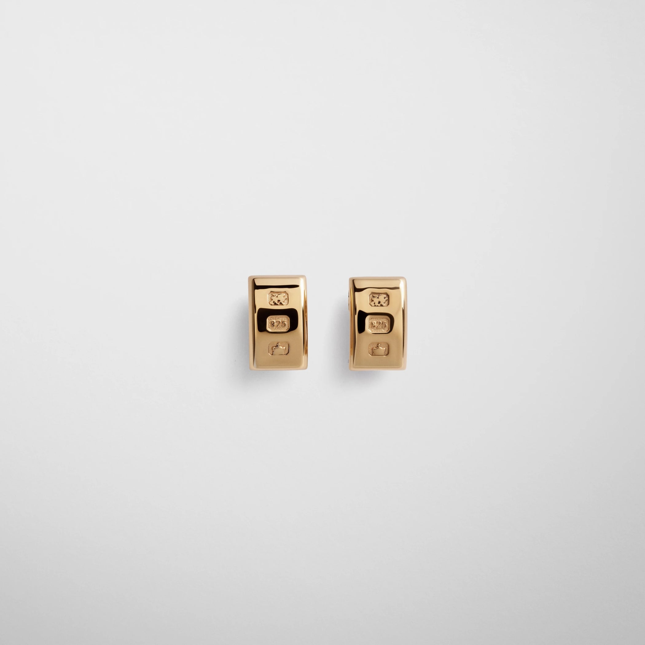 Flat front view of hallmark earrings in gold plated sterling silver.