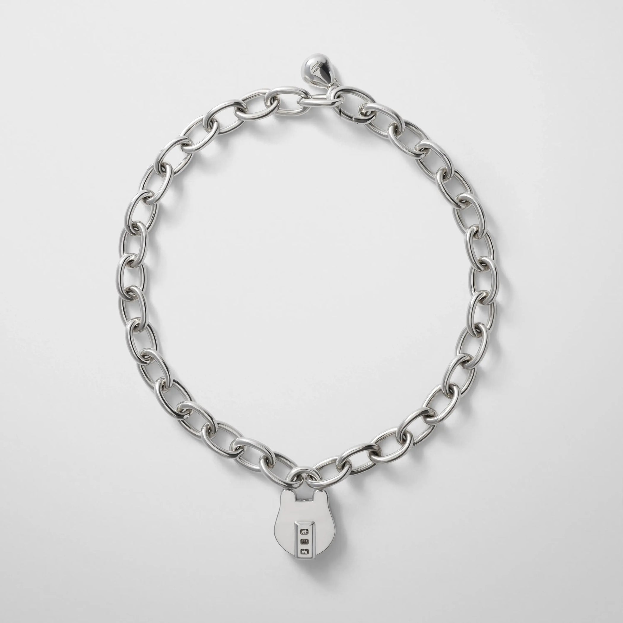 Close up front detail view of padlock choker in sterling silver