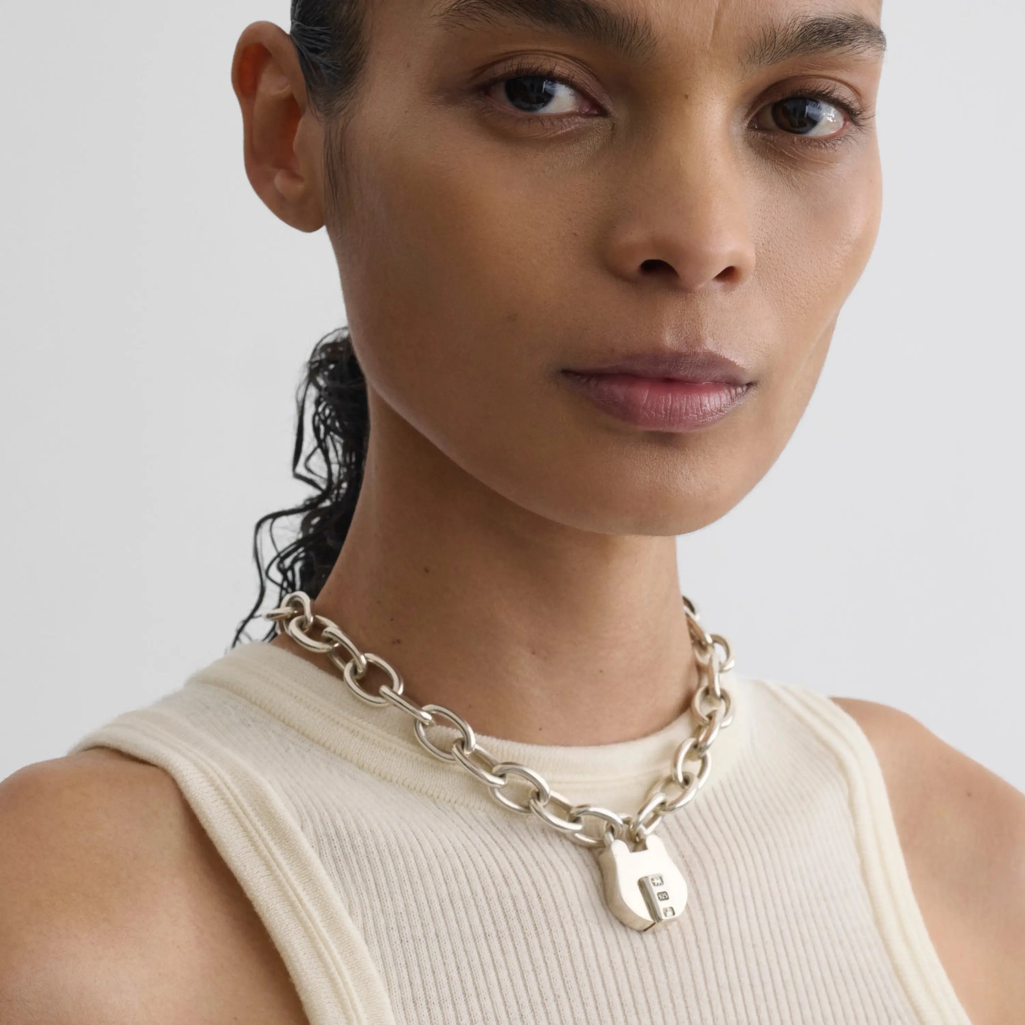 Front view of padlock choker in sterling silver 