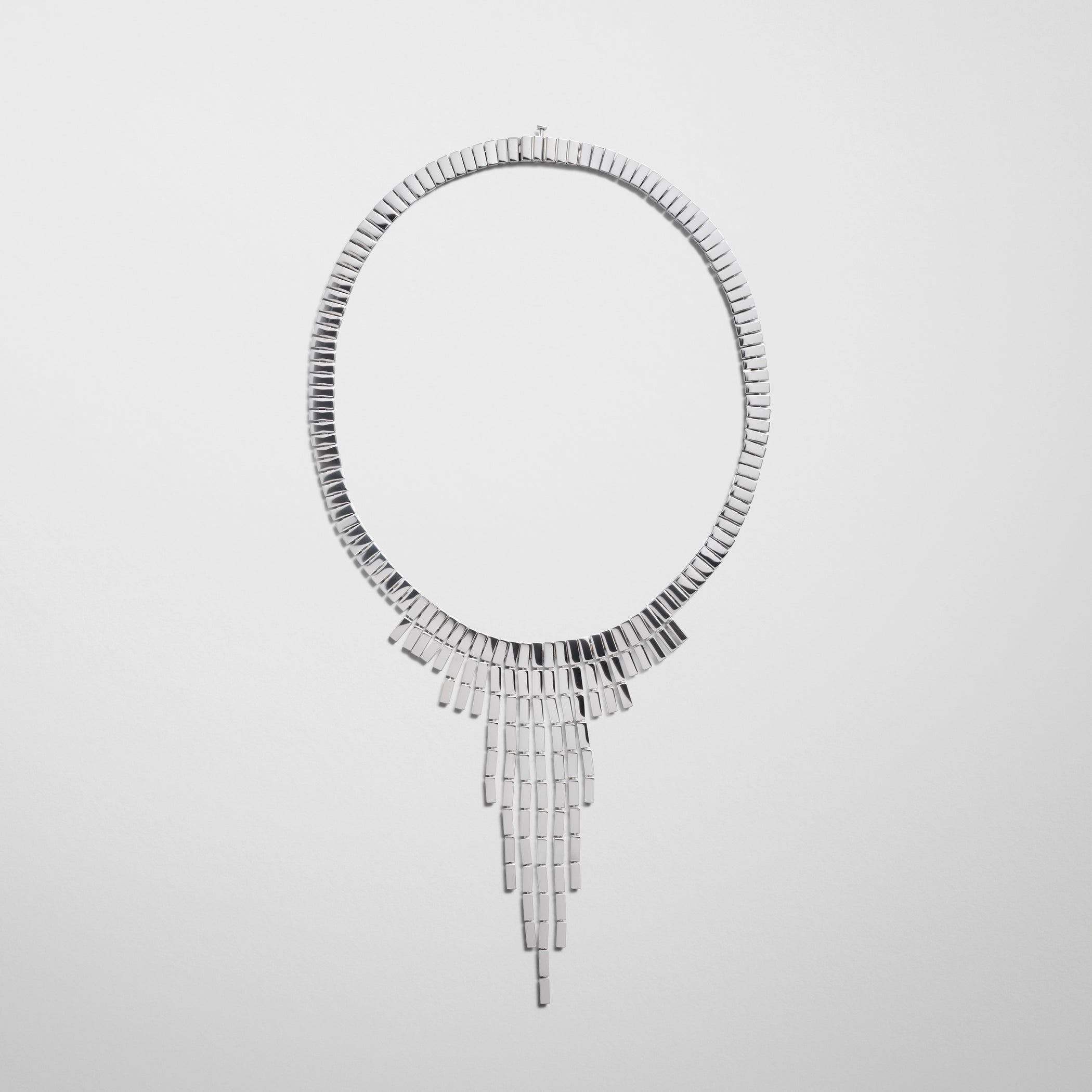 Flat front view of geometric cascade choker in sterling silver