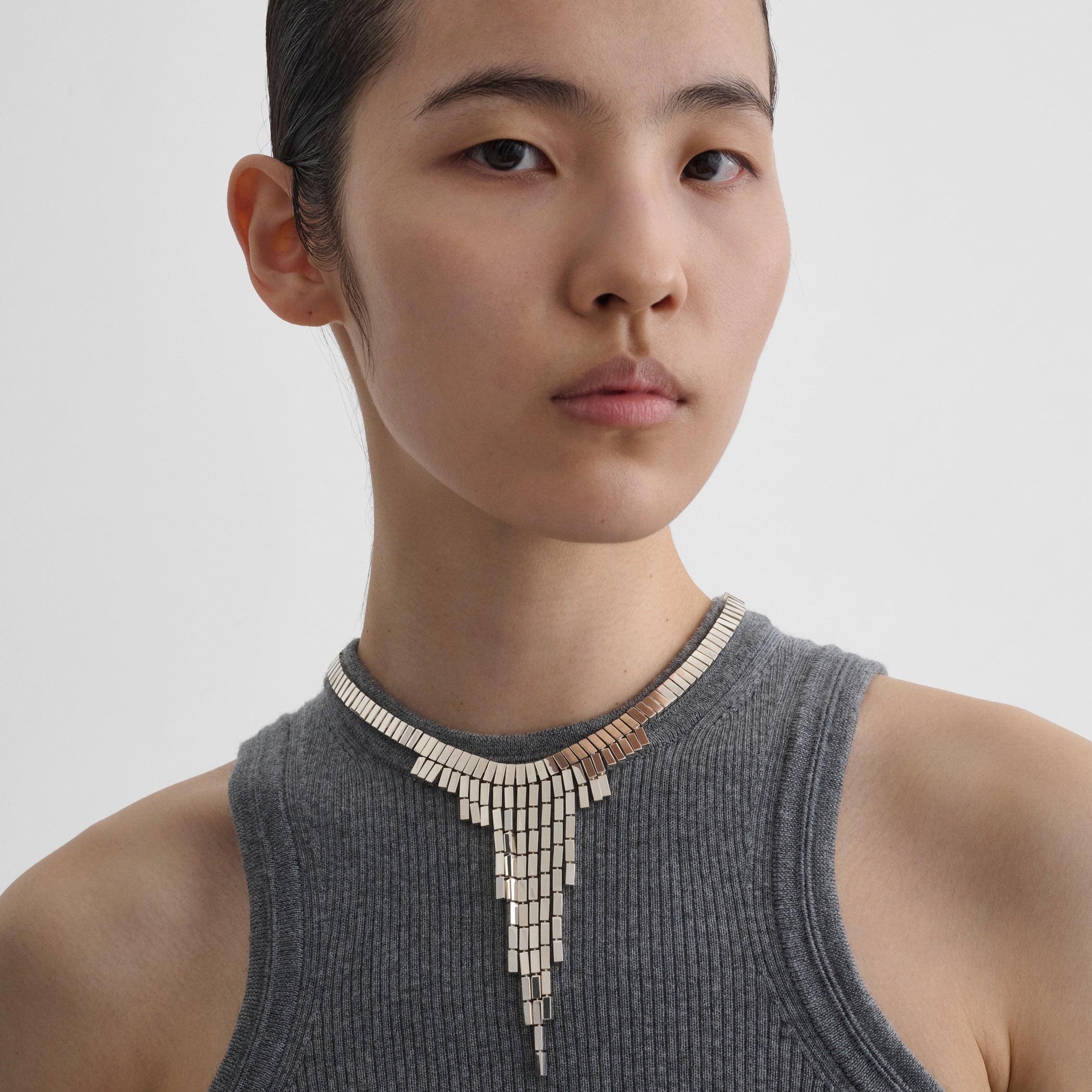 Front view of geometric cascade choker in sterling silver 