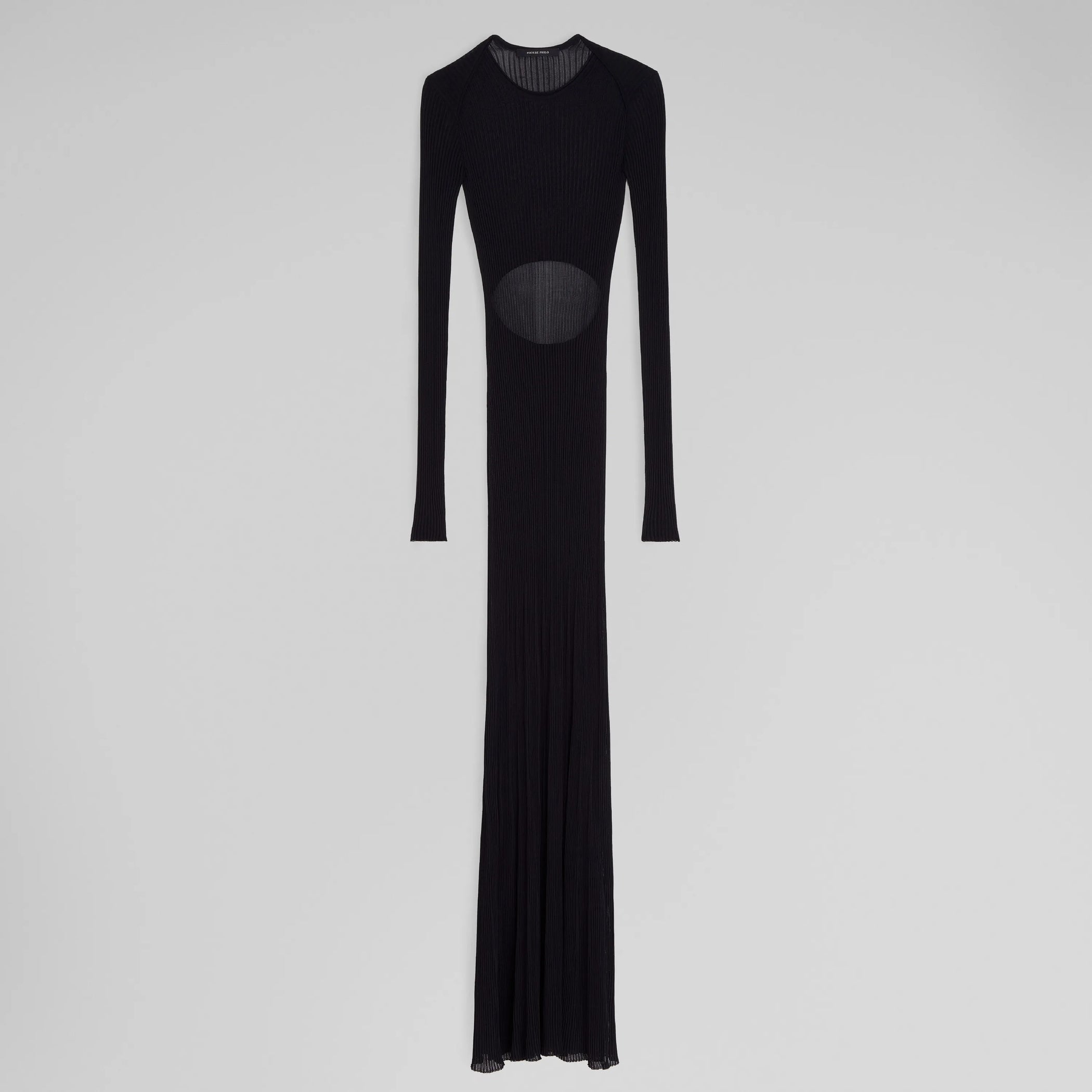 Flat front view of slit dress in black viscose 
