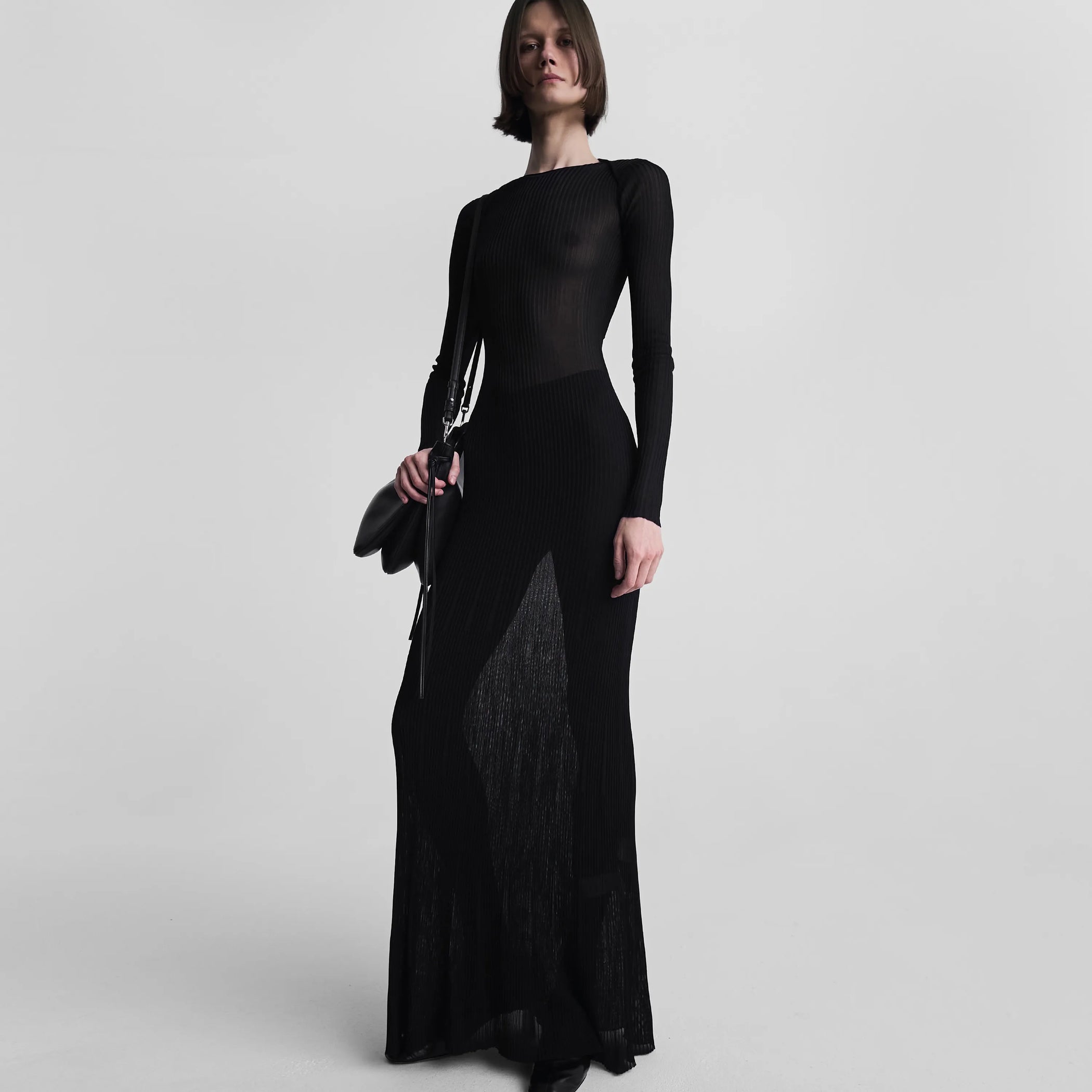 Front view of slit dress in black viscose