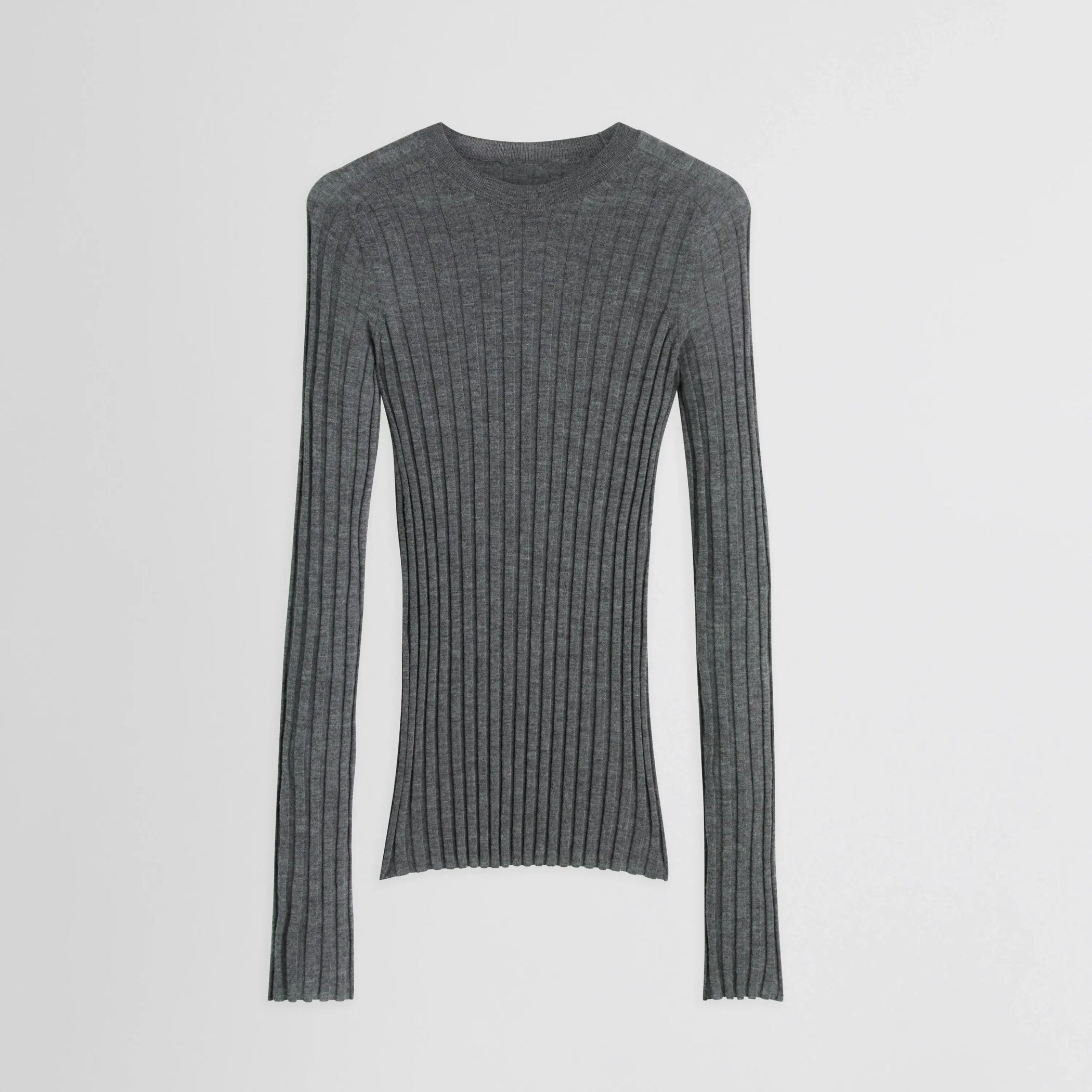 Front flay lay view Wide Rib Crewneck in grey. 