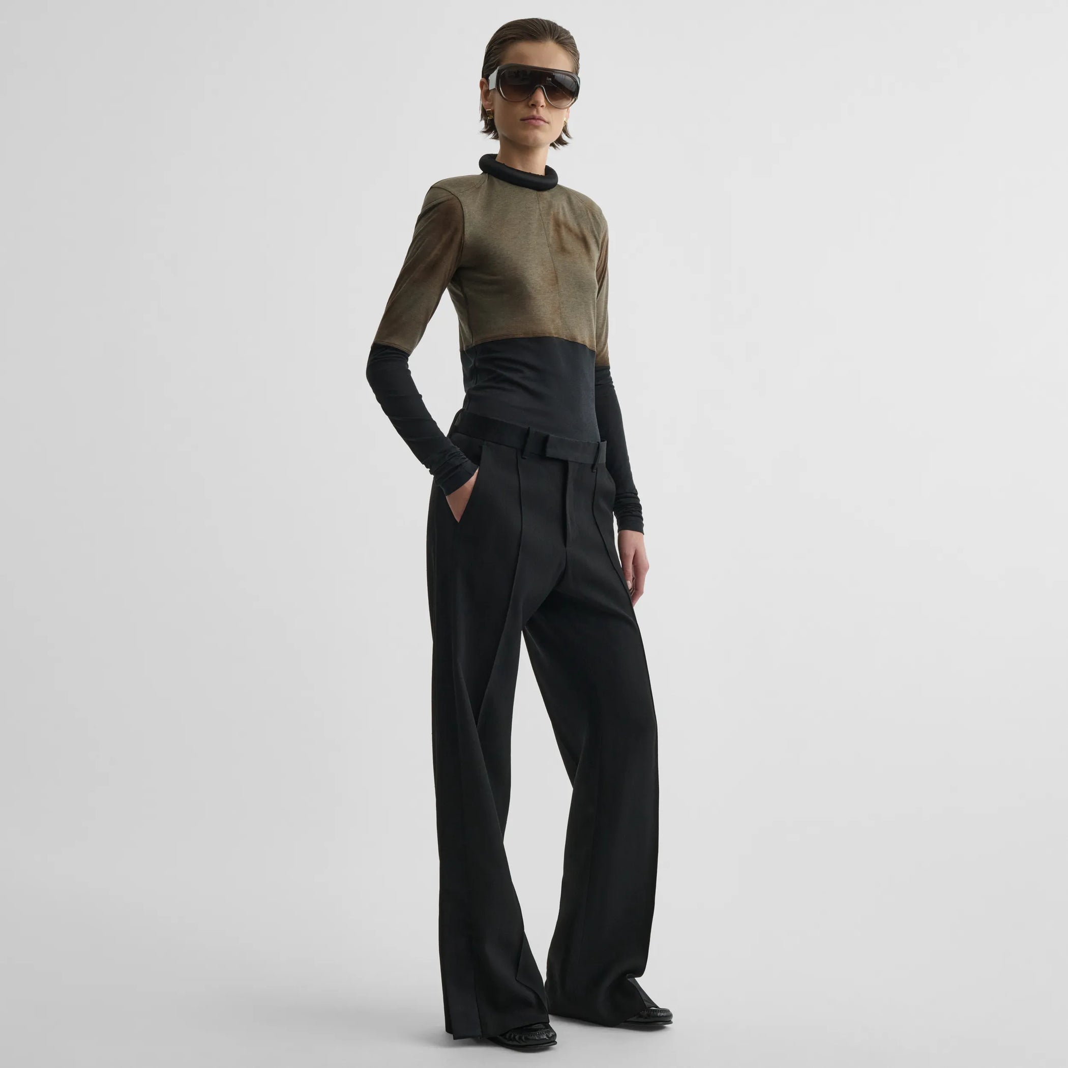 Front view of tux trousers in black viscose
