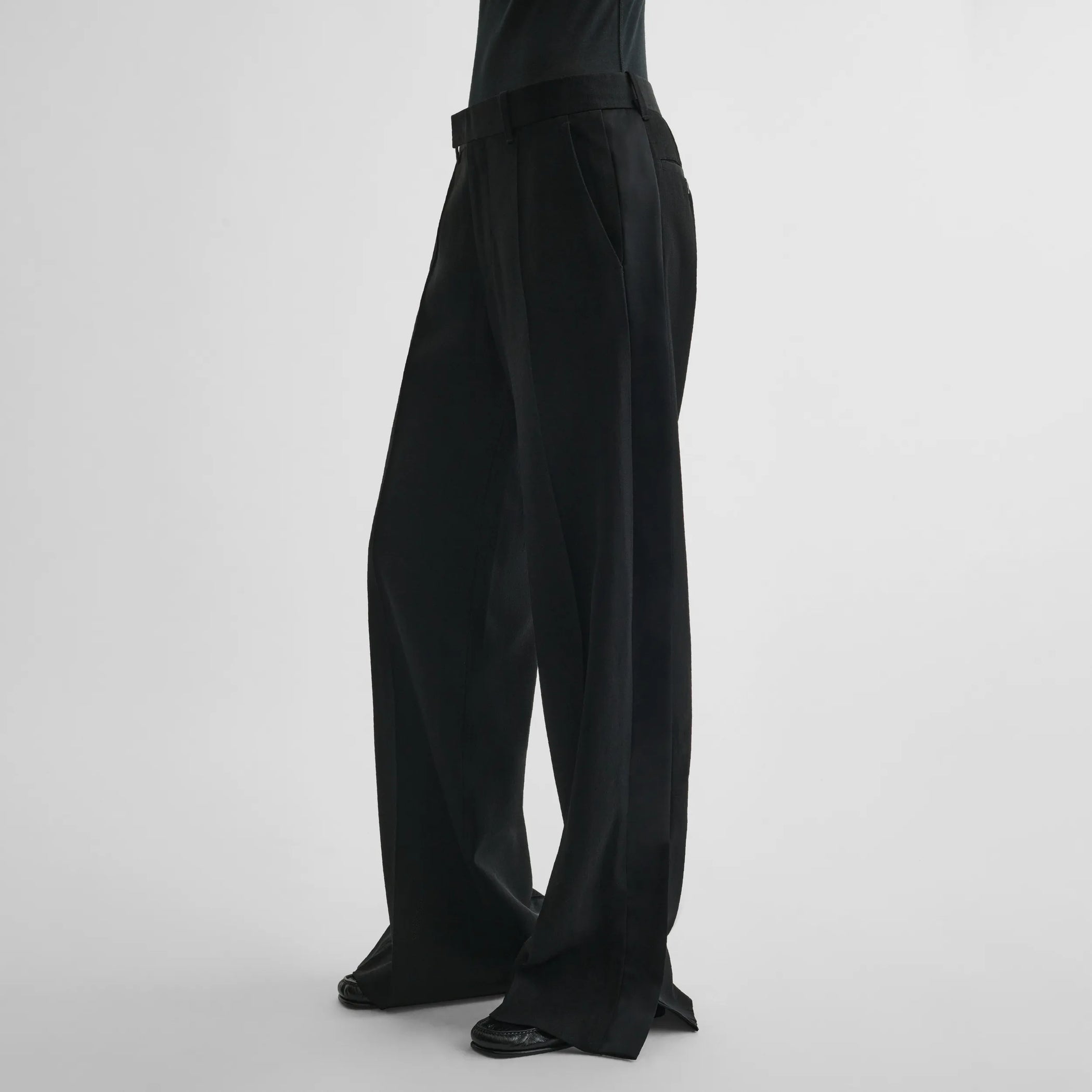 Side view of tux trousers in black viscose