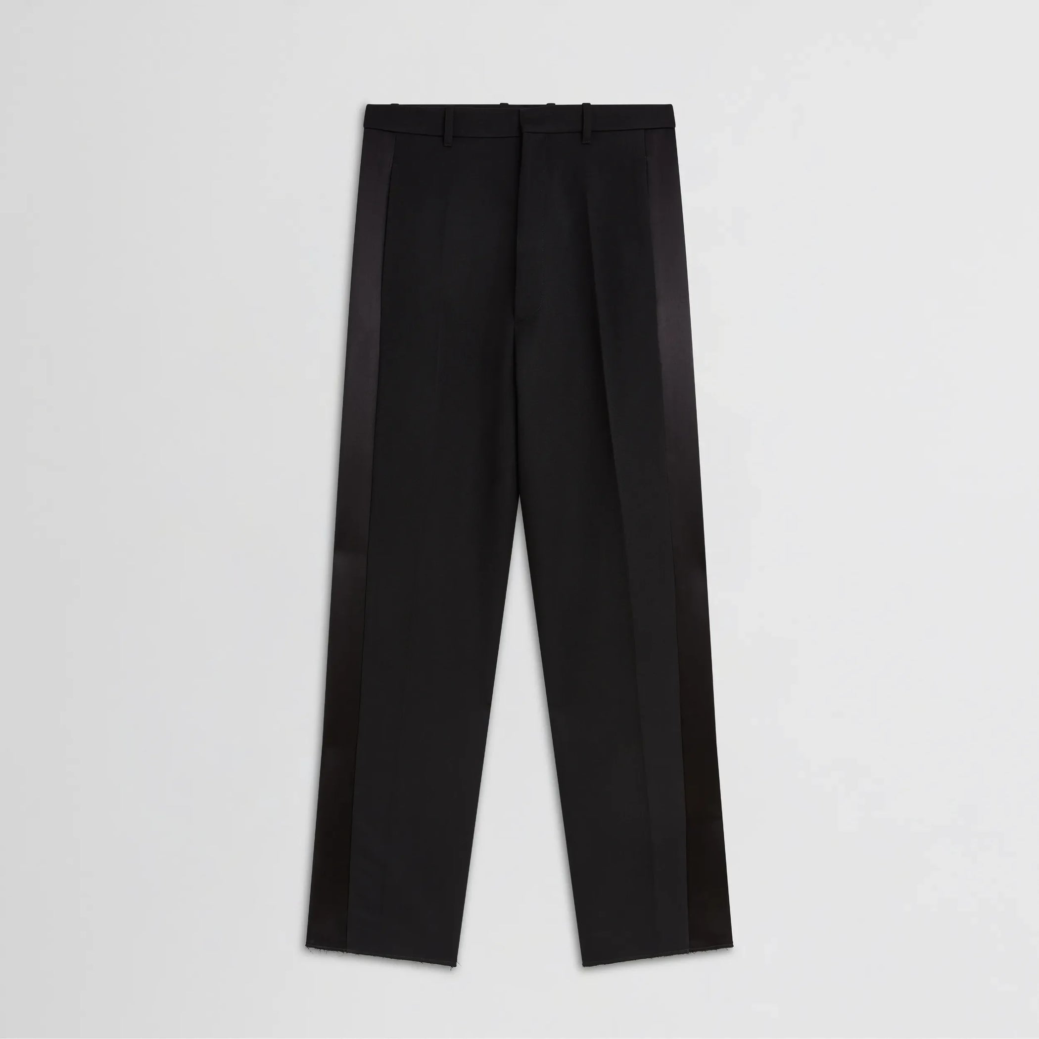 Flat front view of tux trousers in black viscose