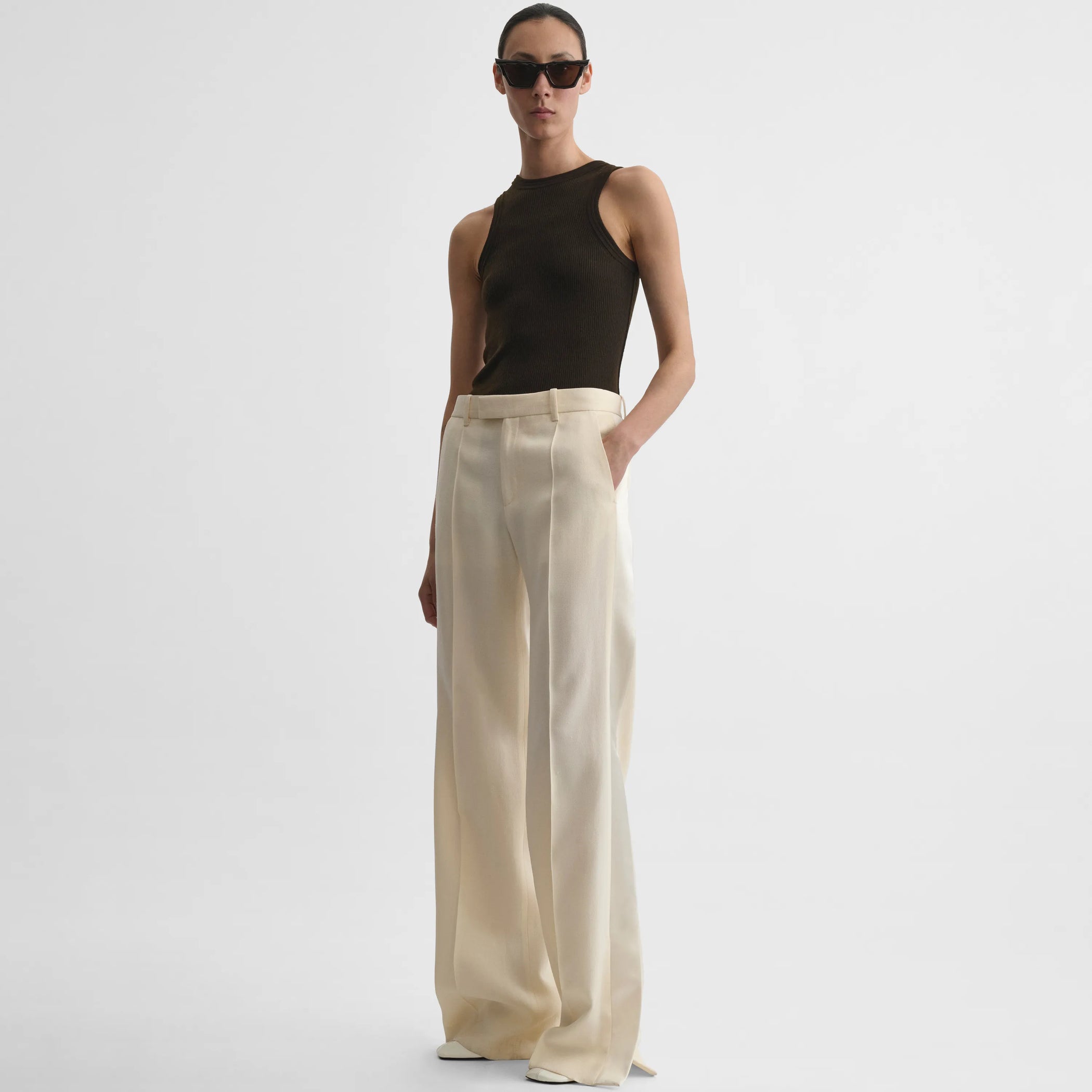 Front view of tux trousers in cream viscose