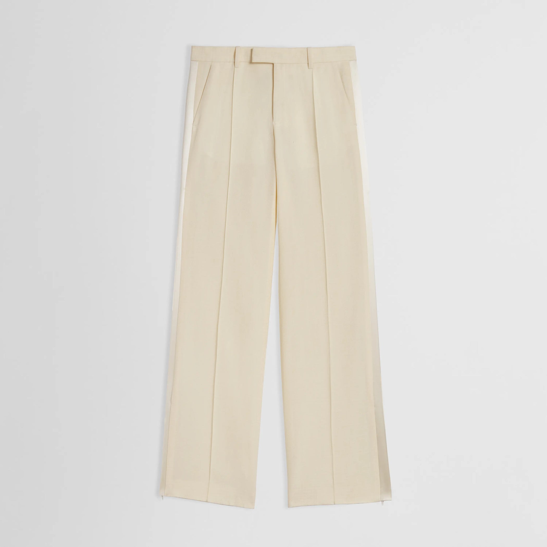 Flat front view of tux trousers in cream viscose 