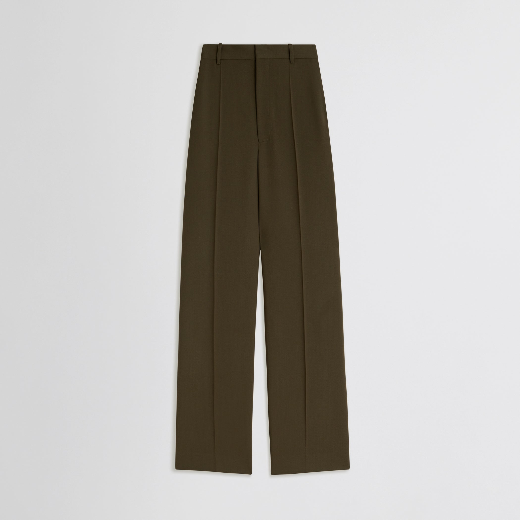 Flat front view of milanese trousers in shroom wool 