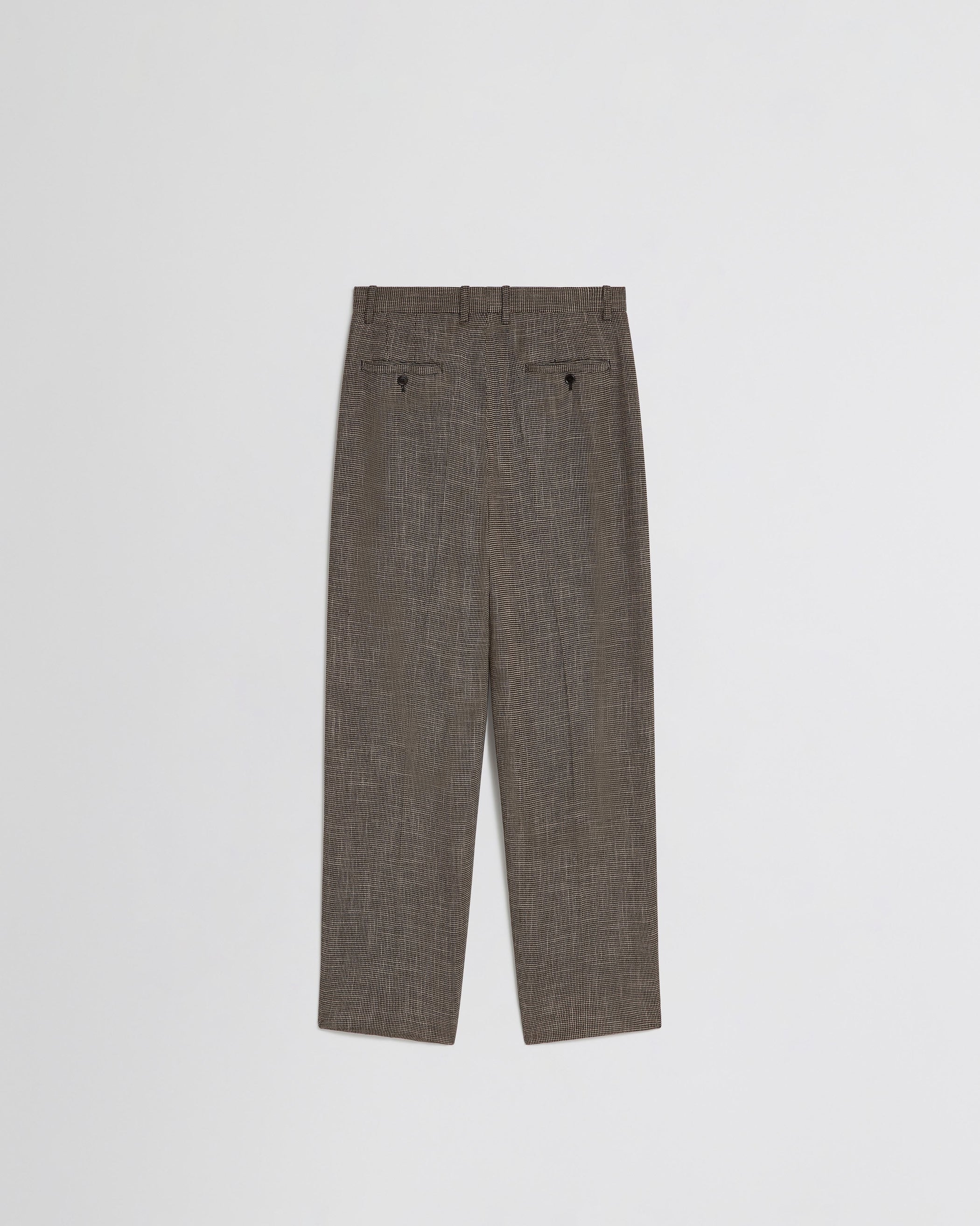 Flat back view of DROP TROUSERS in salt and pepper melange woven viscose