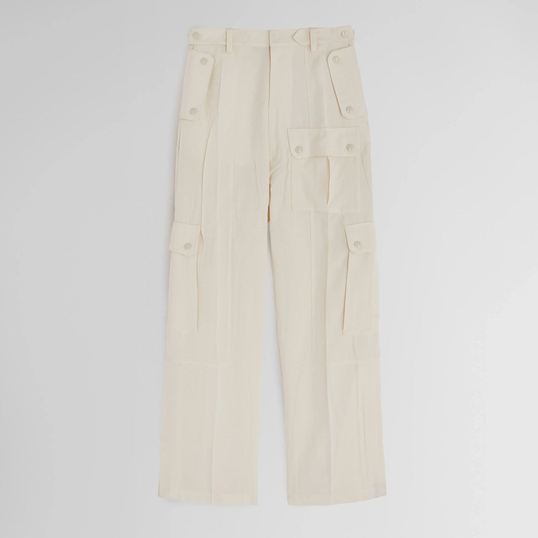 Flat front view of PATCH POCKET CARGO TROUSERS in parchment viscose silk