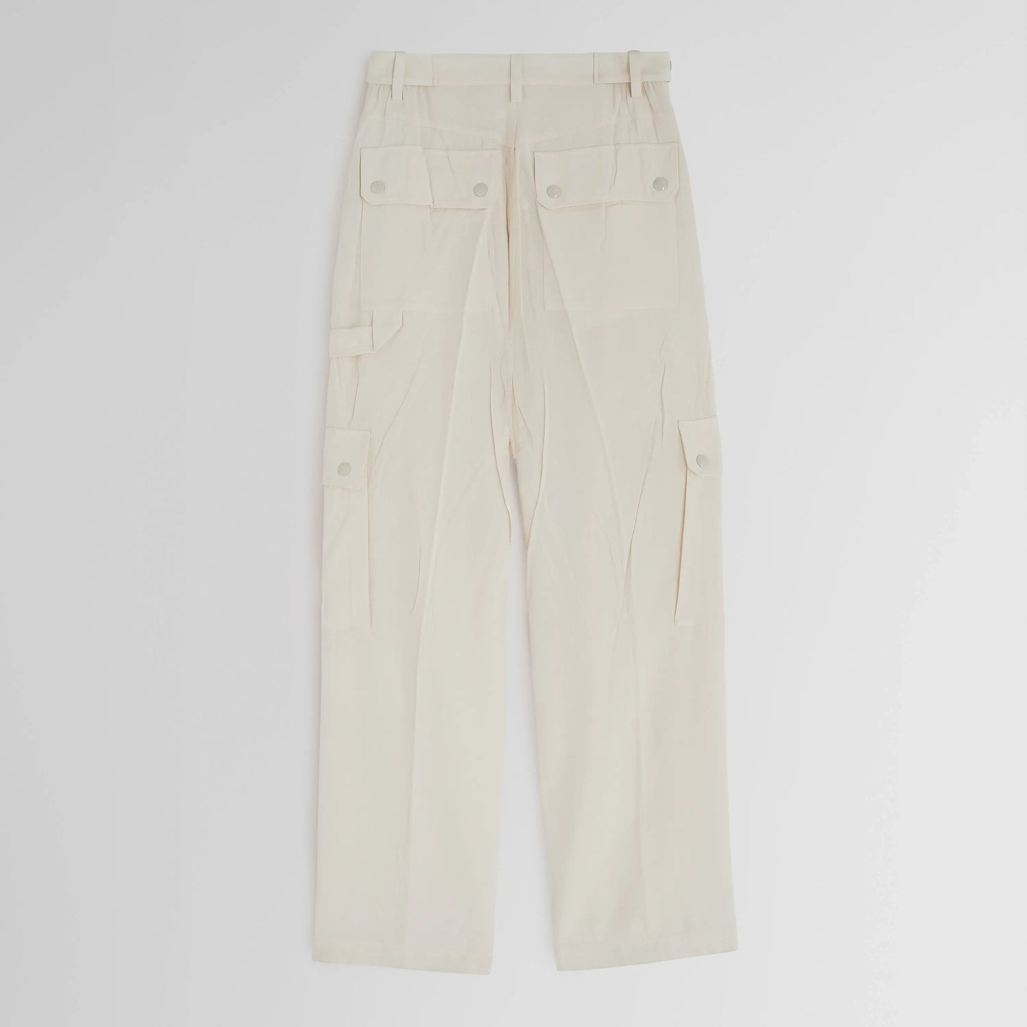 Flat back view of PATCH POCKET CARGO TROUSERS in parchment viscose silk