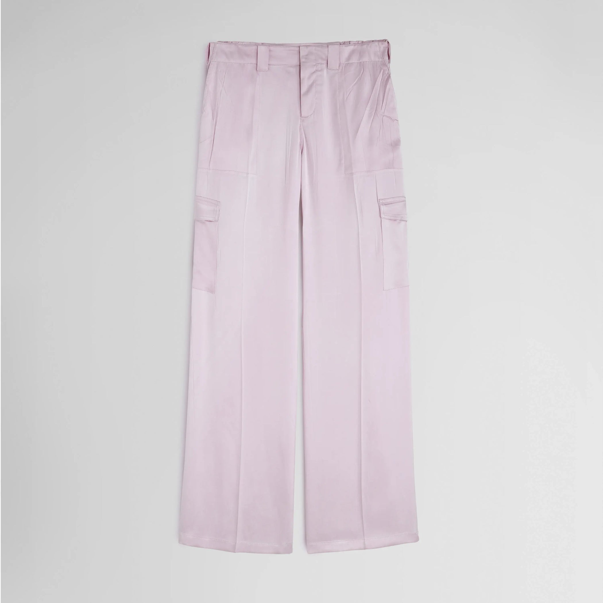 Flat front view of liquid cargo trousers in candyfloss silk 