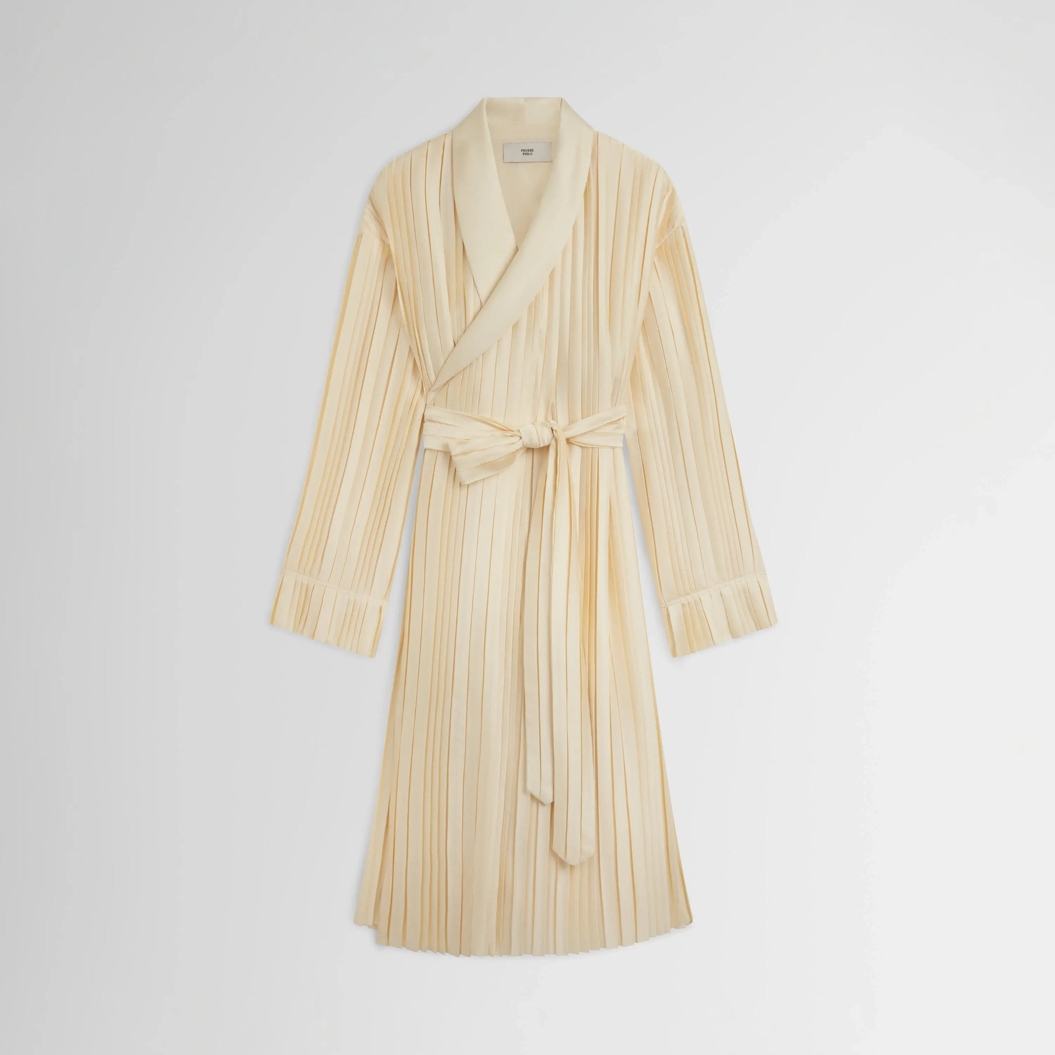 Flat front view of PLEATED ROBE in vanilla satin