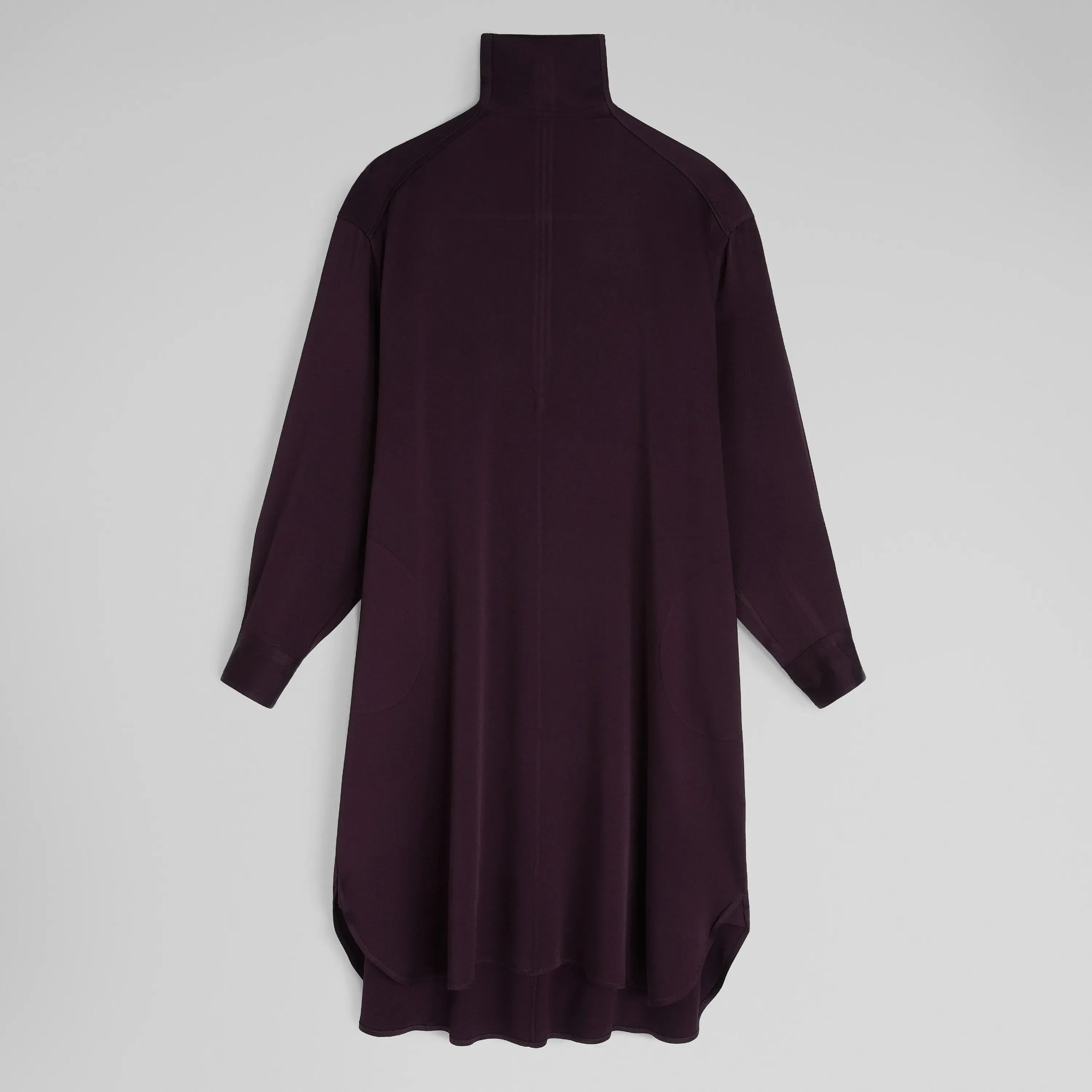 Flat front view of DRESS in dark berry satin back crepe