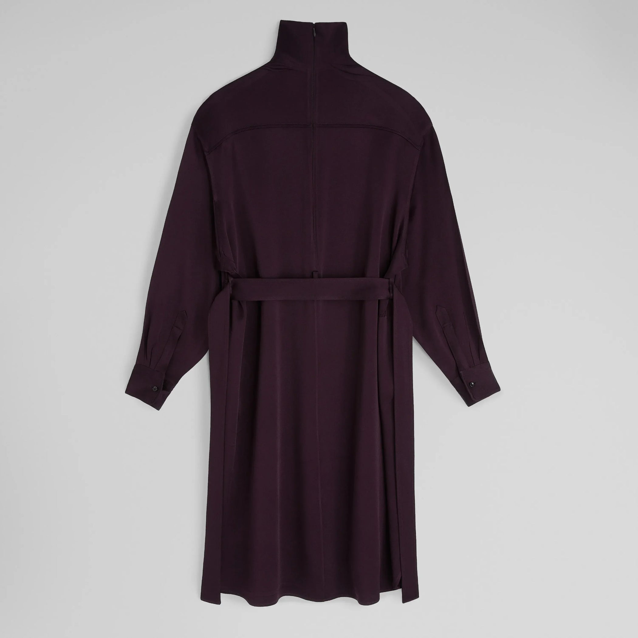 Flat back view of DRESS in dark berry satin back crepe