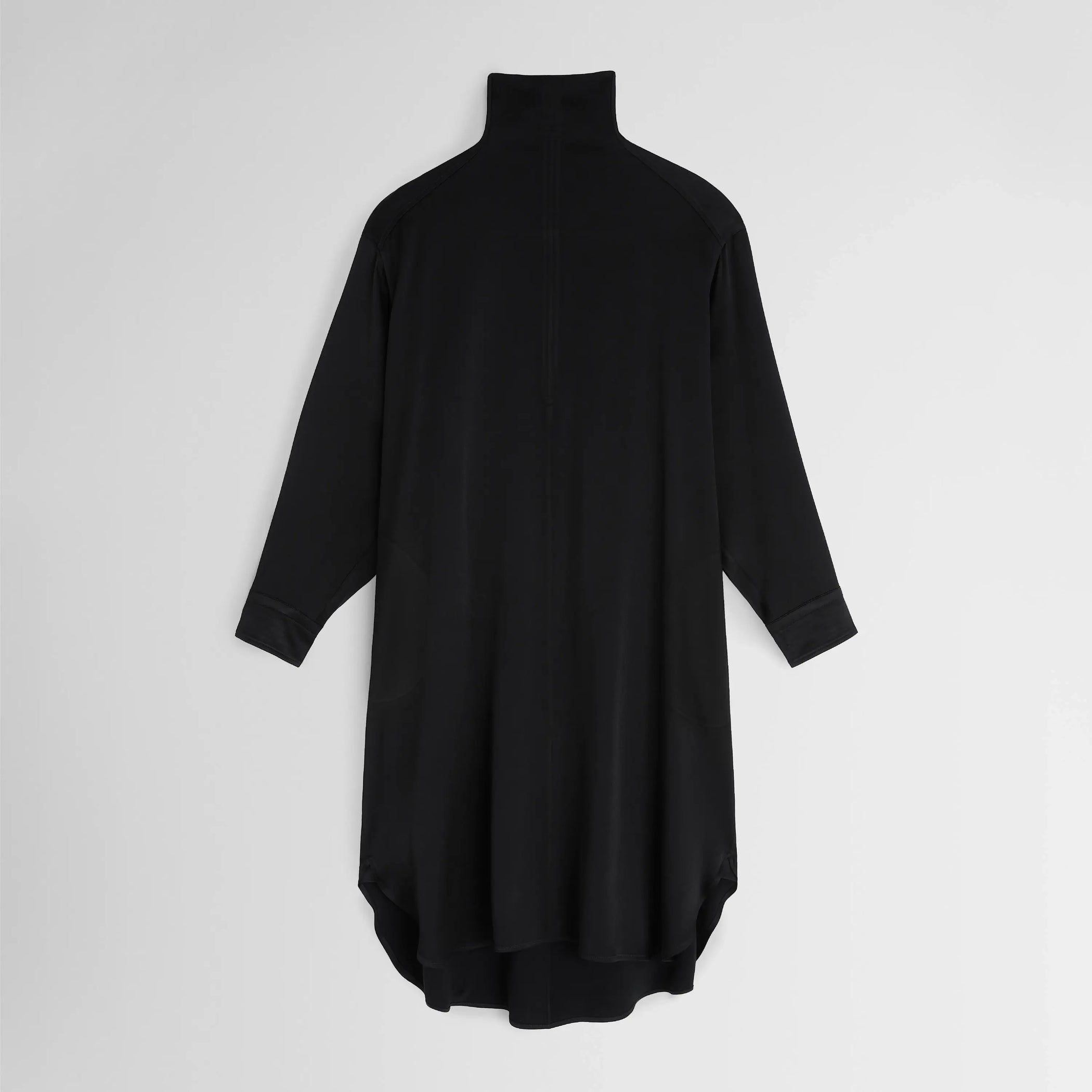 Front flat lay of dress in black satin-back crepe. 