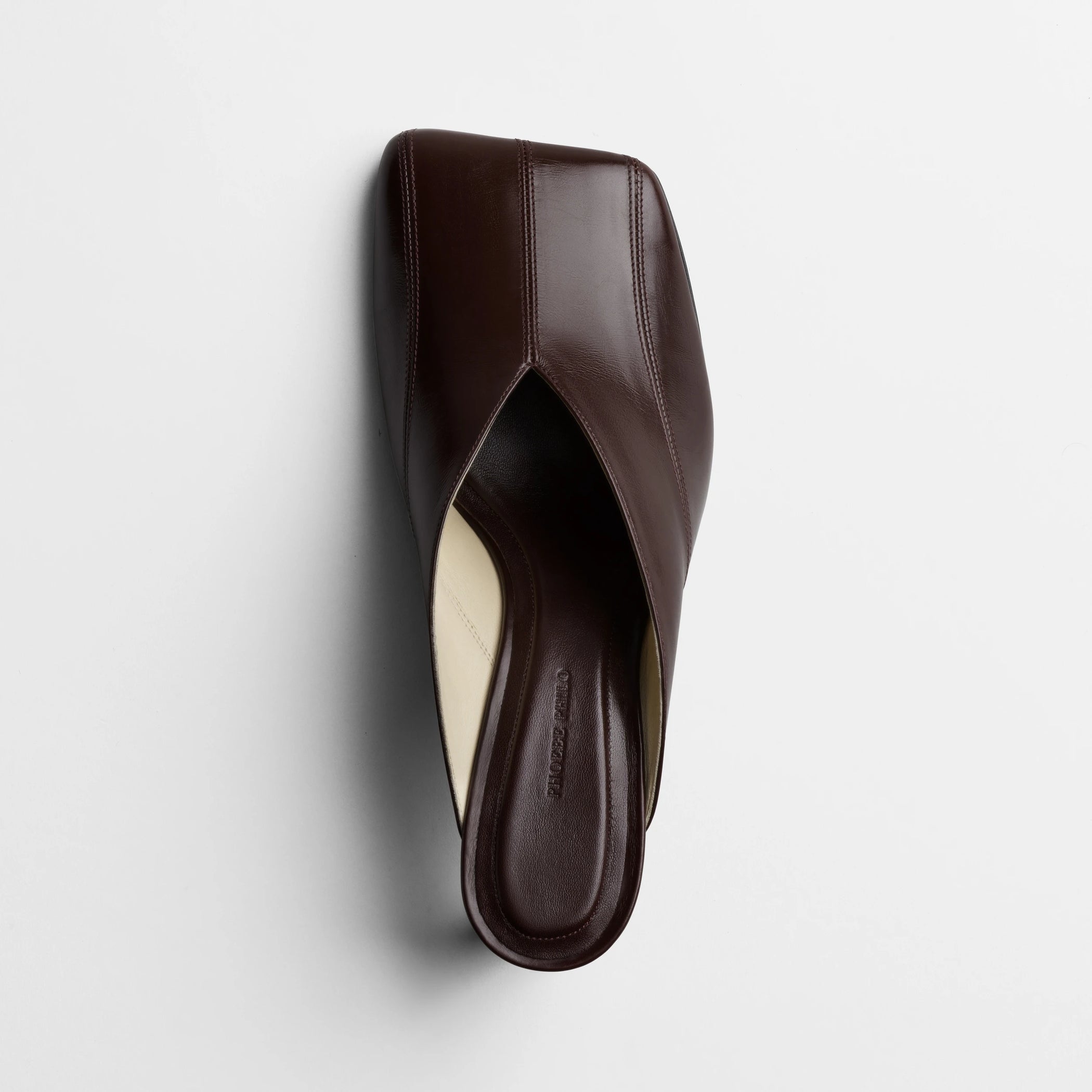 Top view of tilt mule in oxblood leather.