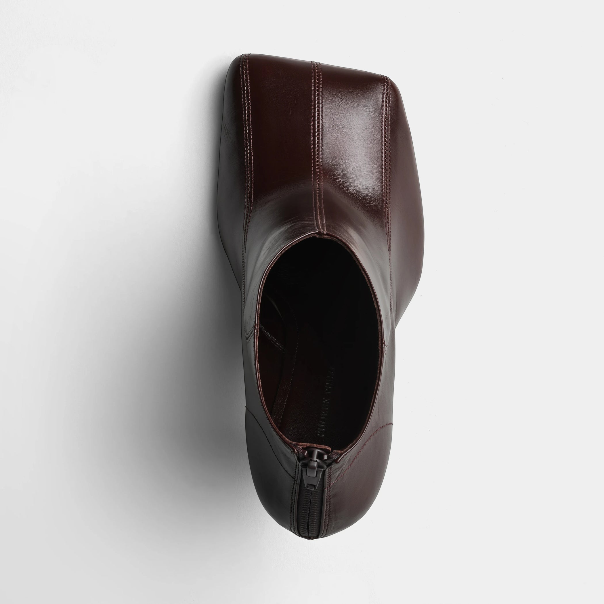 Top view of tilt ankle boot in oxblood leather.