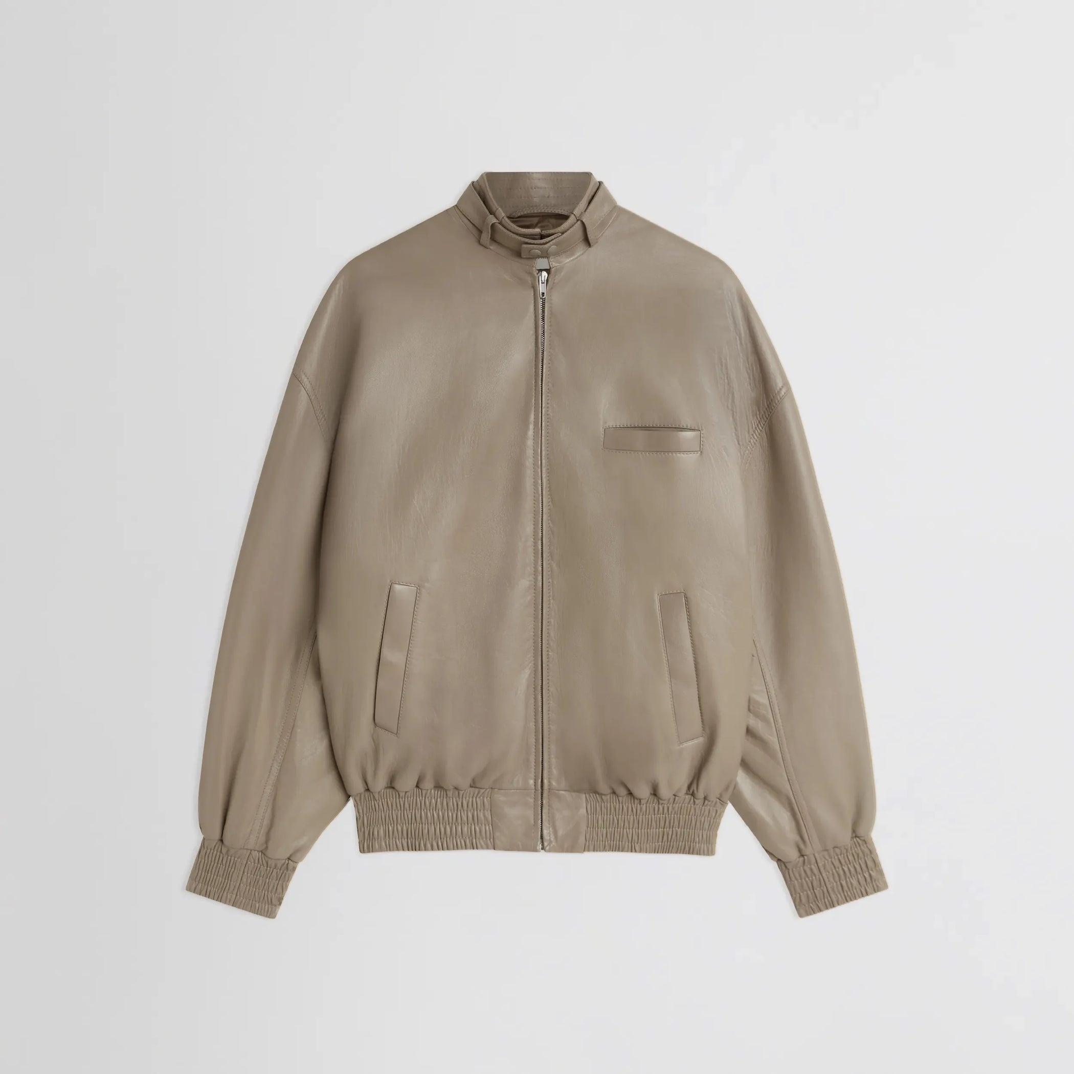 Flat front view of jacket with attachable scarf in mastic leather