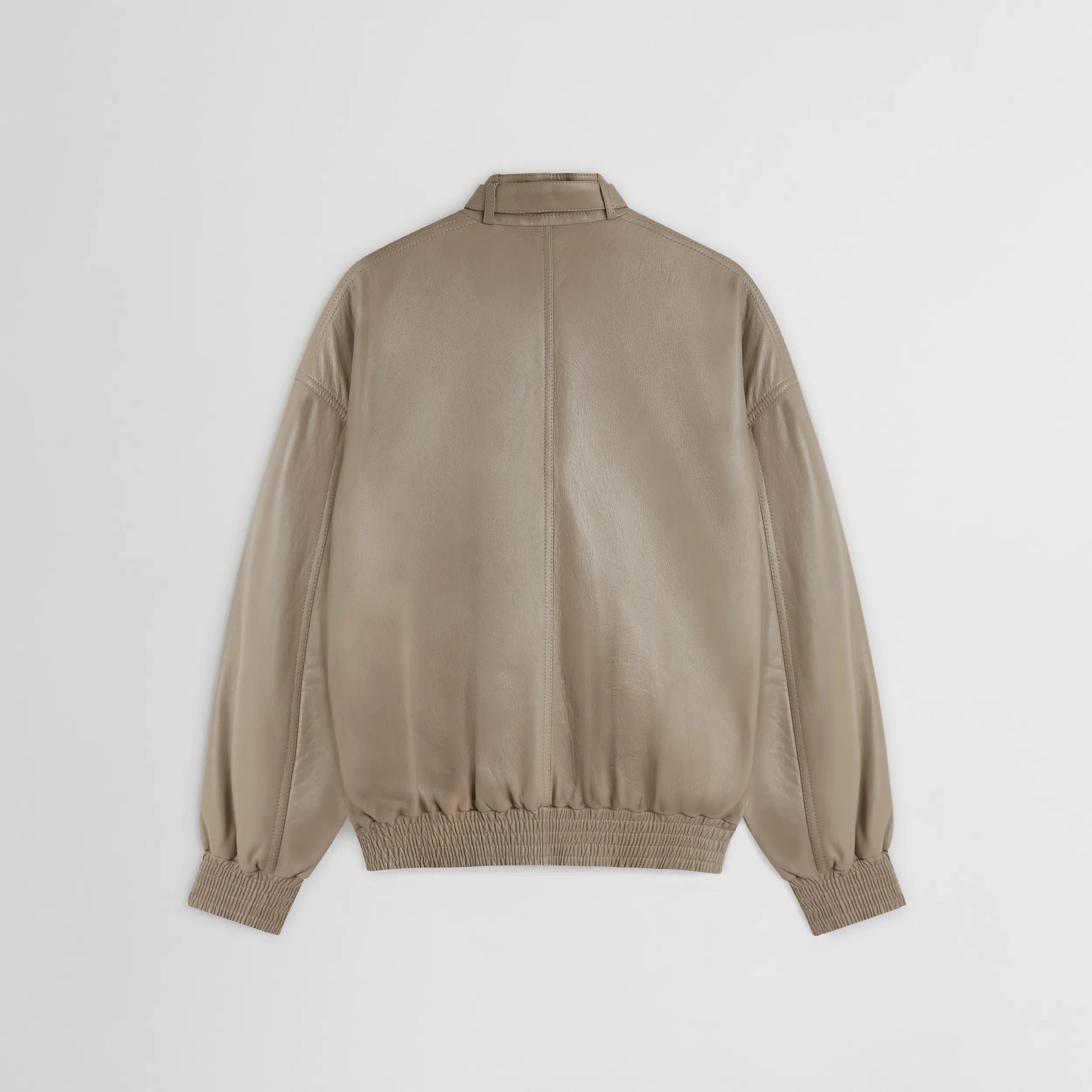 Flat back view of jacket with attachable scarf in mastic leather