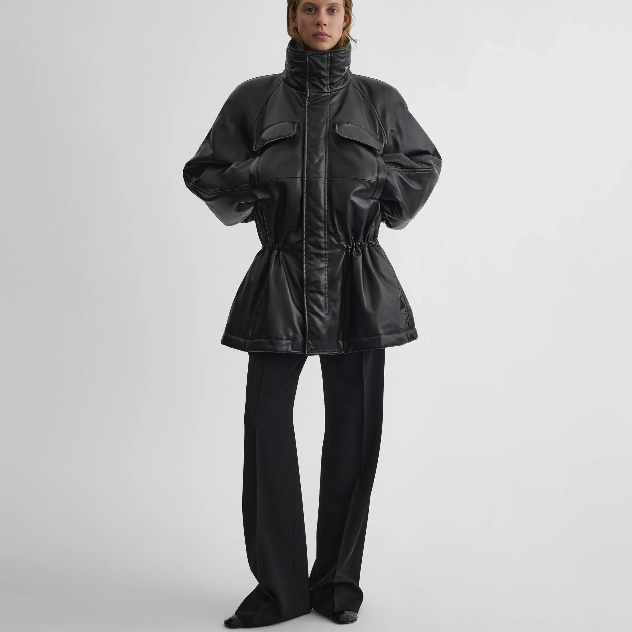 PADDED JACKET WITH GATHERED WAIST | black leather