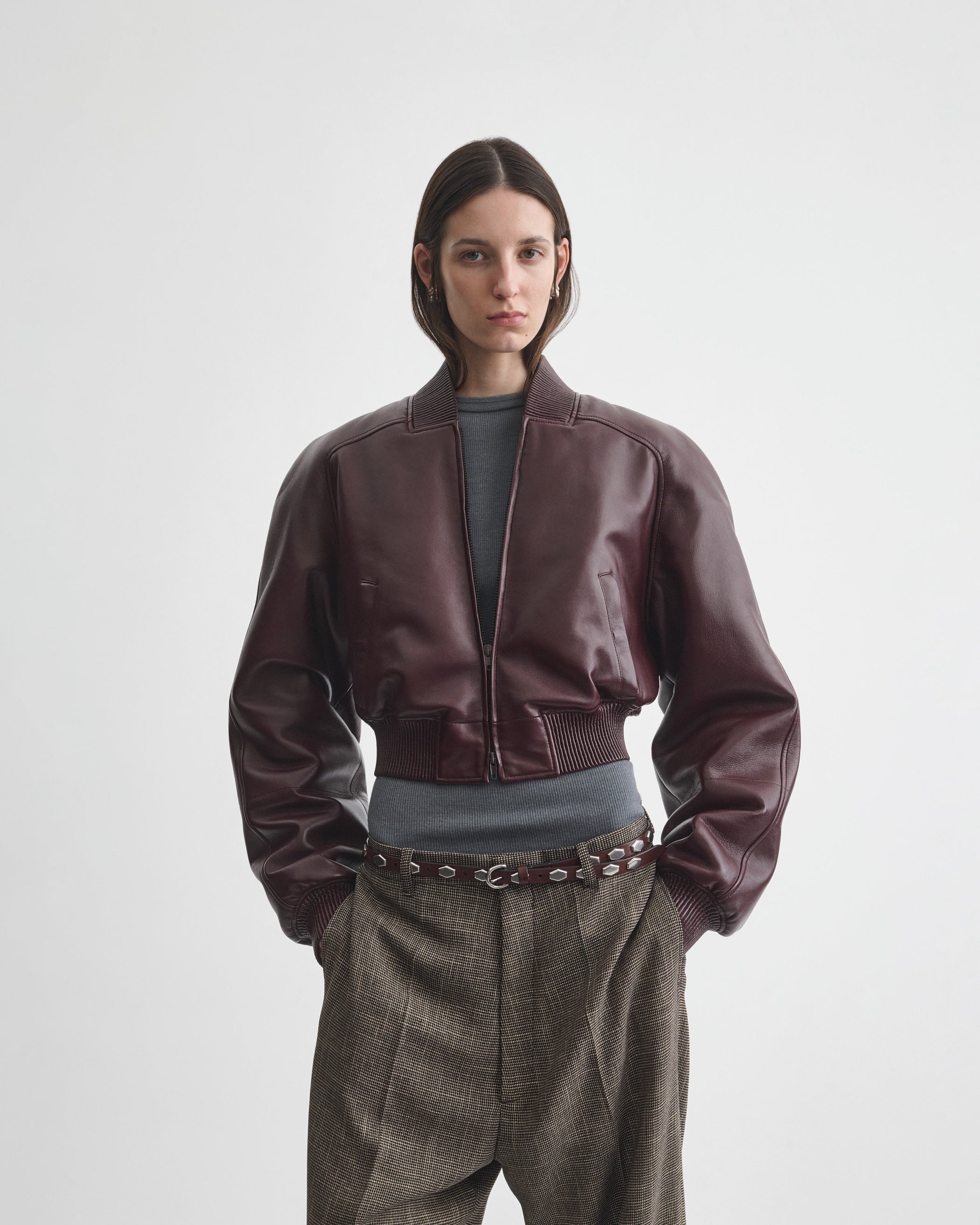 View of SHRUNK BOMBER in merlot leather