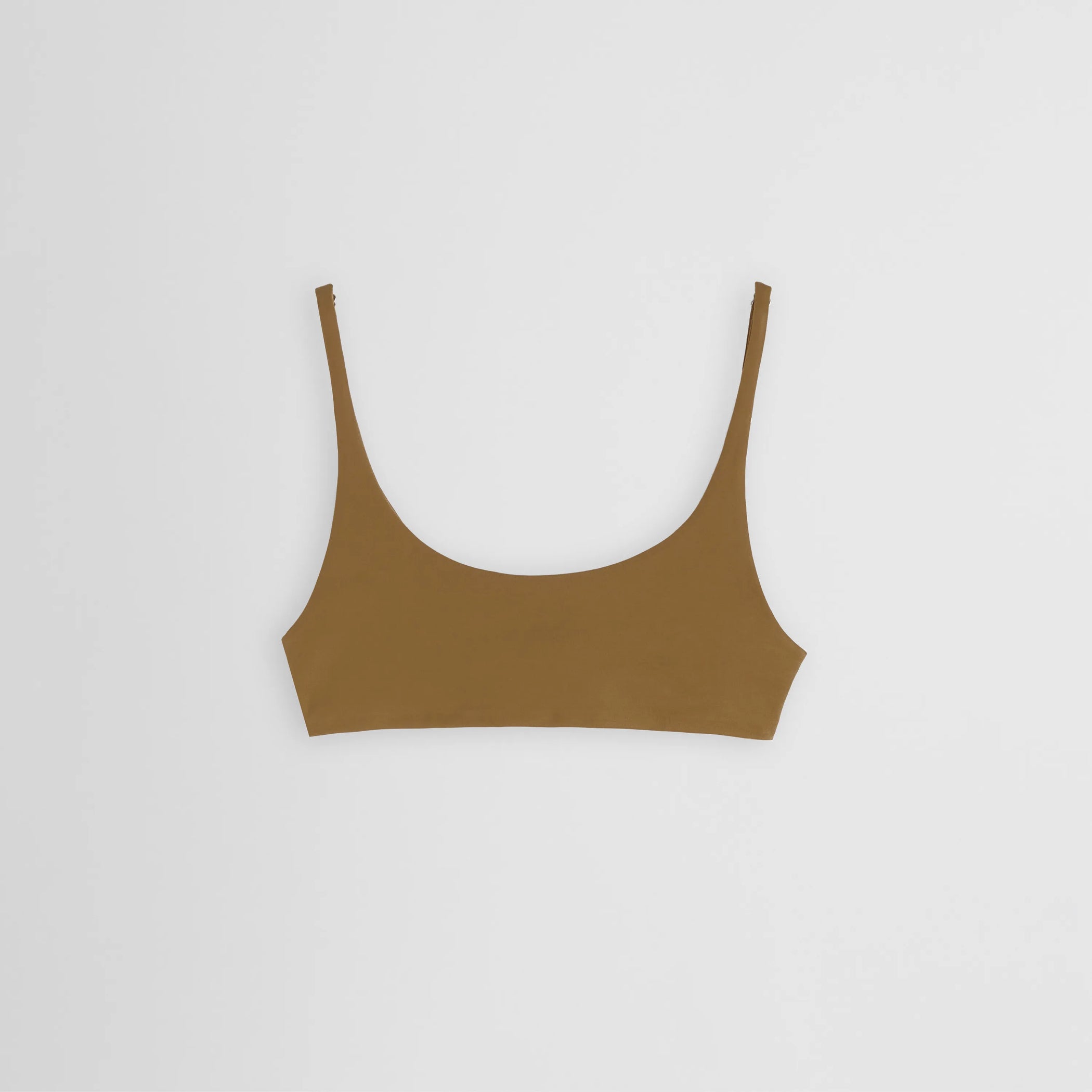 Flat front view of scoop bikini top in tobacco polyamide 
