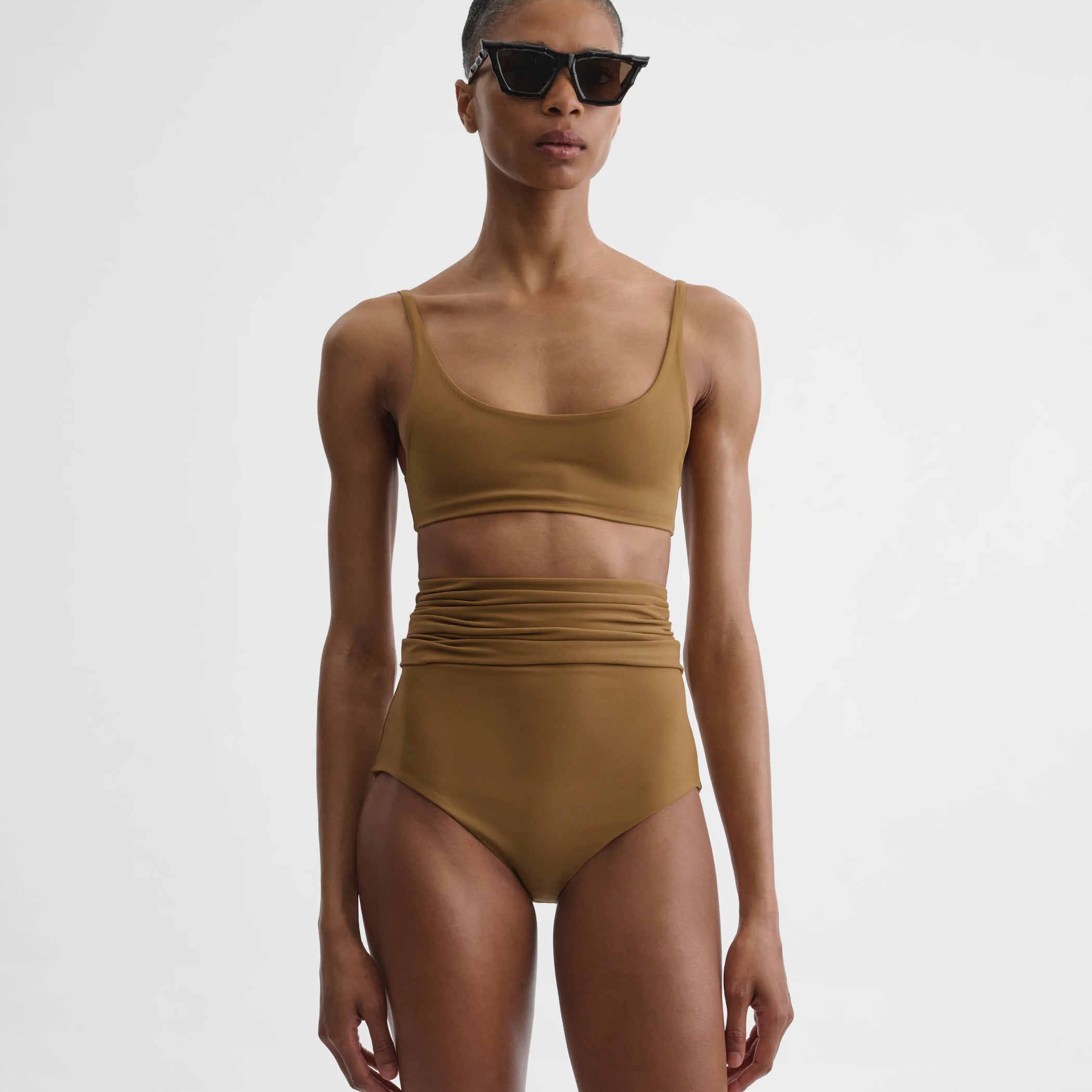 Front view of fold over bikini knicker in tobacco polyamide