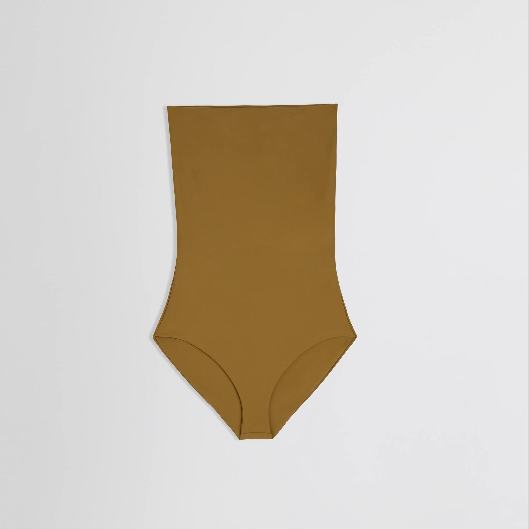 Flat front view of fold over bikini knicker in tobacco polyamide 
