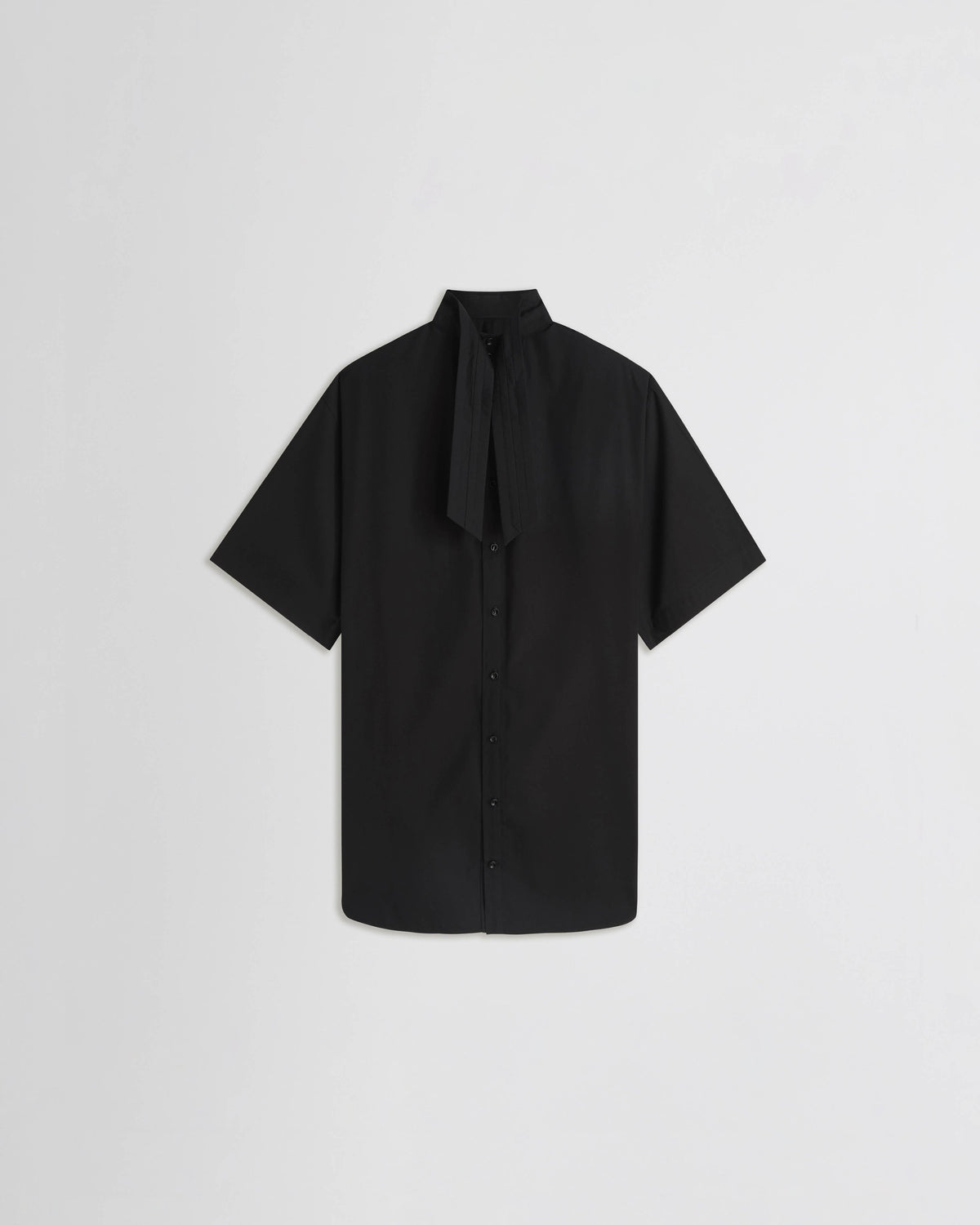 Flat back view of TIE NECK SHORT SLEEVE SHIRT in black cotton