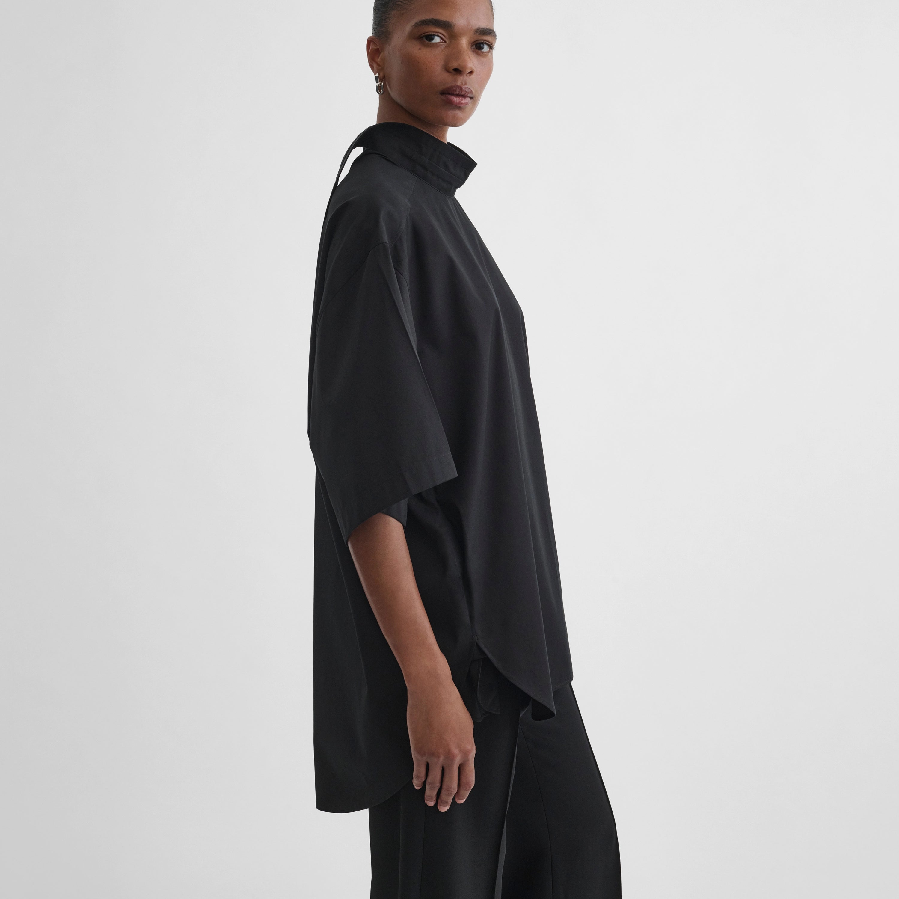 PHOEBE PHILO ジンコットンTシャツ PHOEBE PHILO | TIE NECK SHORT SLEEVE SHIRT | BLACK COTTON