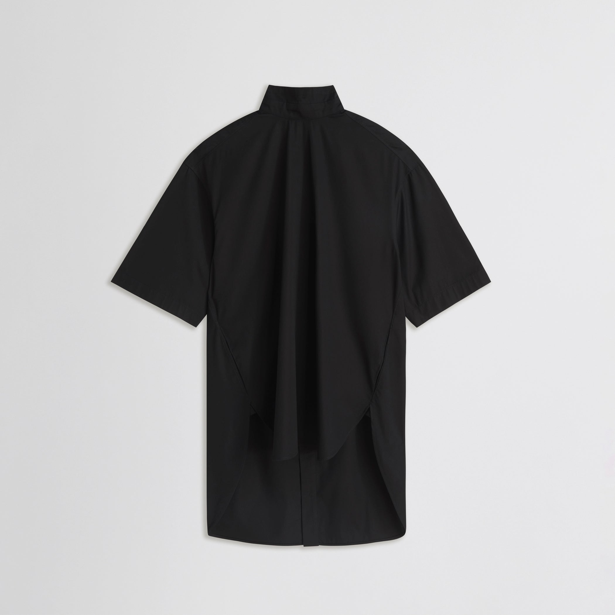 Flat back view of tie neck short sleeve shirt in black cotton 