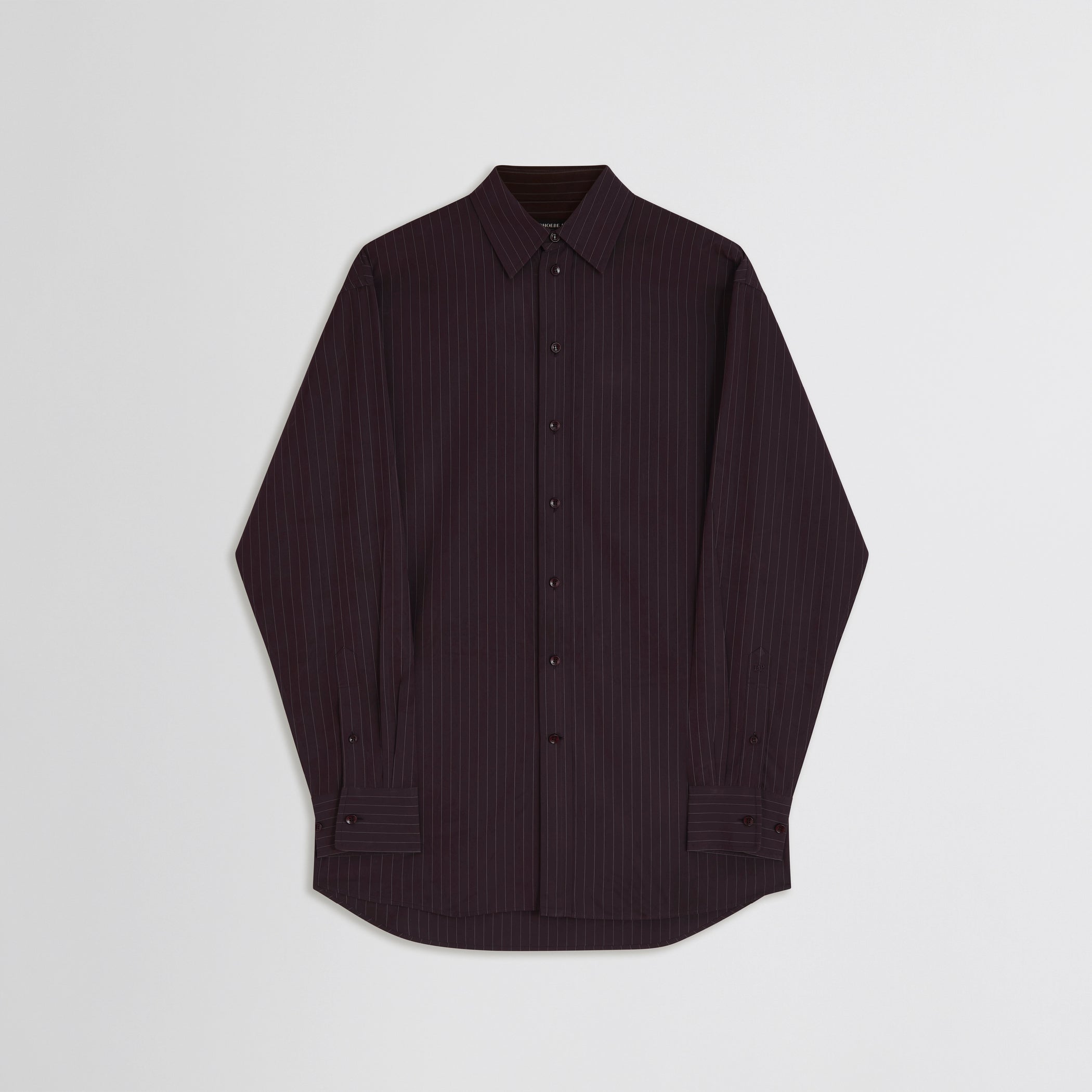 Flat front view of sharp collar shirt in black cherry pinstripe cotton 