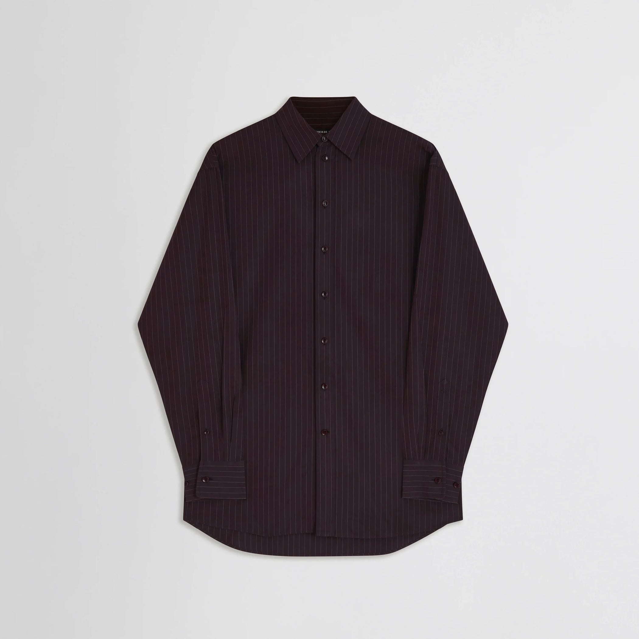 Flat front view of sharp collar shirt in black cherry pinstripe cotton