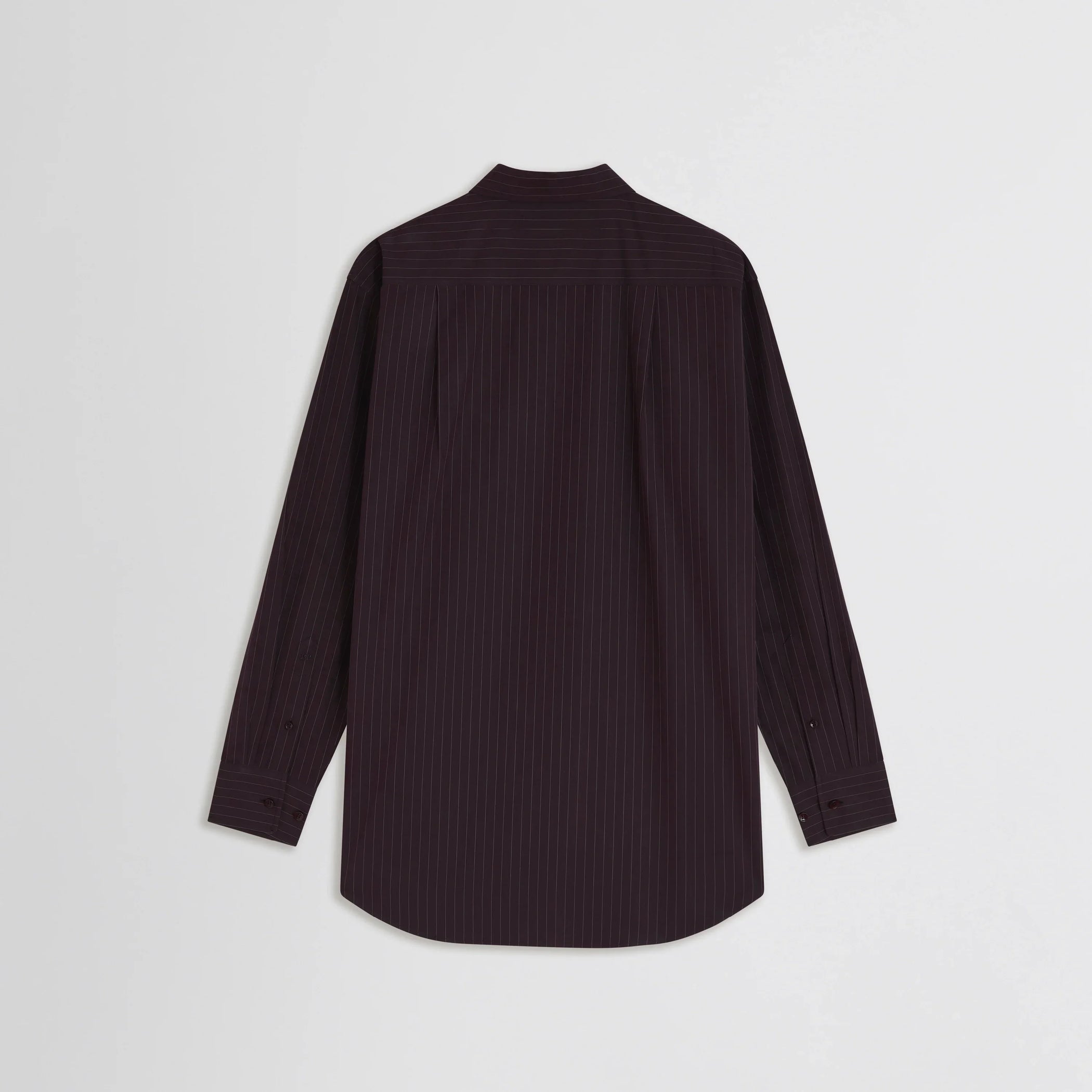 Flat back view of sharp collar shirt in black cherry pinstripe cotton