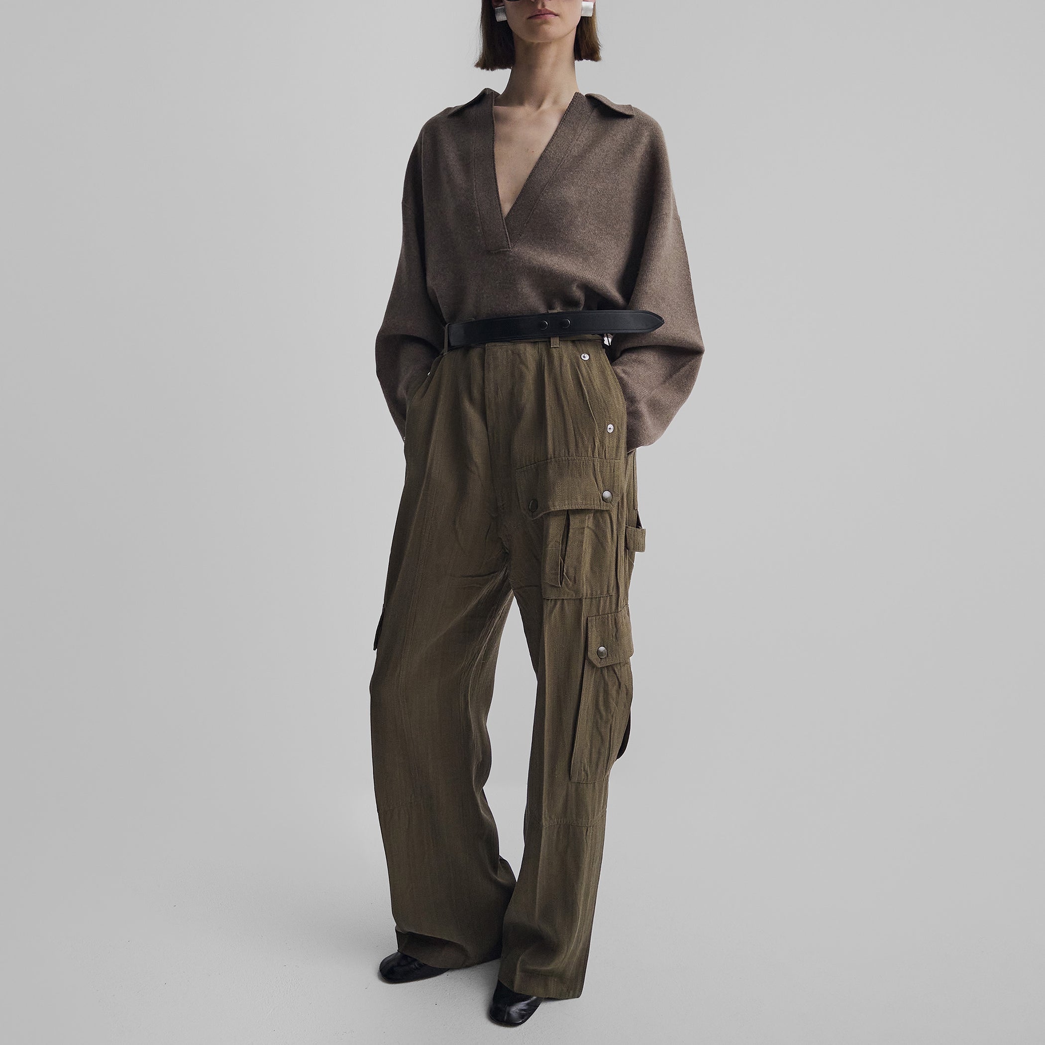 Front view of model wearing SOFT SHIRT COLLAR JUMPER in dun